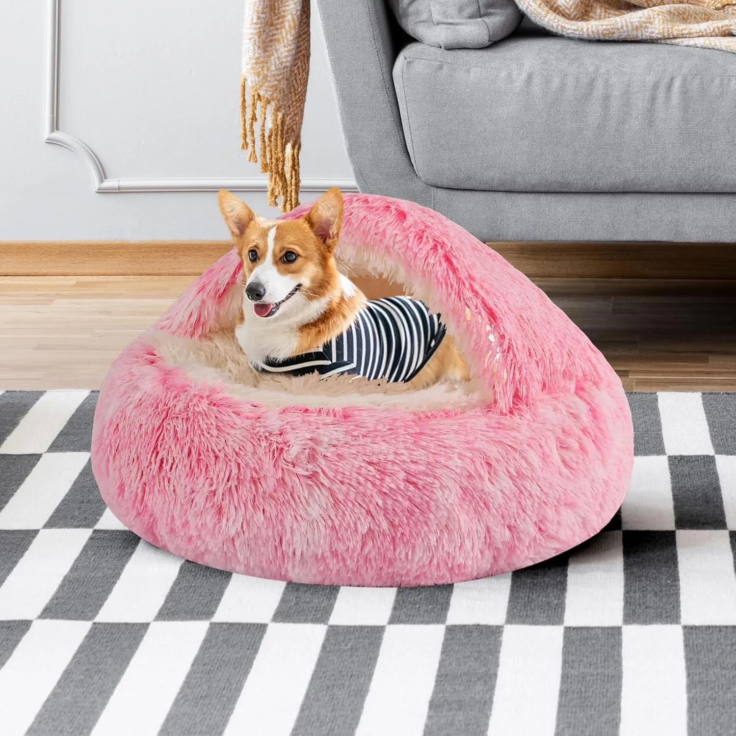 Round Hooded Cat Bed & Dog Bed with Cover Cave, Dog Bed for Small Dogs, Faux Fur Cuddler Round Coved Cat Bed Self Warming Donut Dog Bed (Pink, 20inch x 20inch)