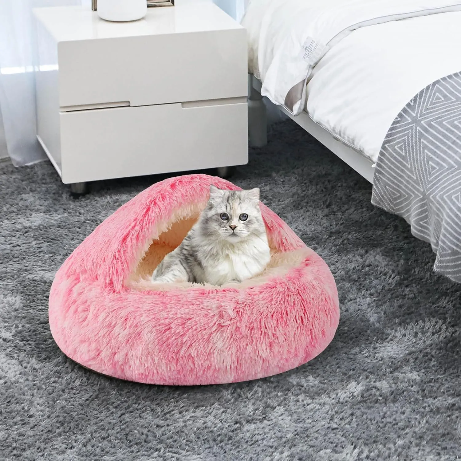 Round Hooded Cat Bed & Dog Bed with Cover Cave, Dog Bed for Small Dogs, Faux Fur Cuddler Round Coved Cat Bed Self Warming Donut Dog Bed (Pink, 20inch x 20inch)