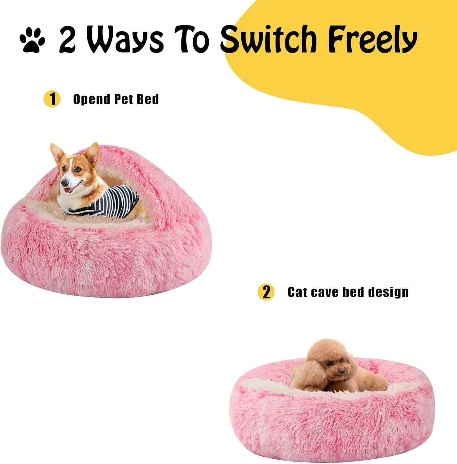 Round Hooded Cat Bed & Dog Bed with Cover Cave, Dog Bed for Small Dogs, Faux Fur Cuddler Round Coved Cat Bed Self Warming Donut Dog Bed (Pink, 20inch x 20inch)