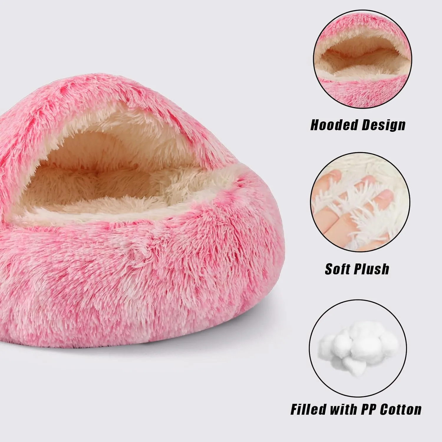 Round Hooded Cat Bed & Dog Bed with Cover Cave, Dog Bed for Small Dogs, Faux Fur Cuddler Round Coved Cat Bed Self Warming Donut Dog Bed (Pink, 20inch x 20inch)