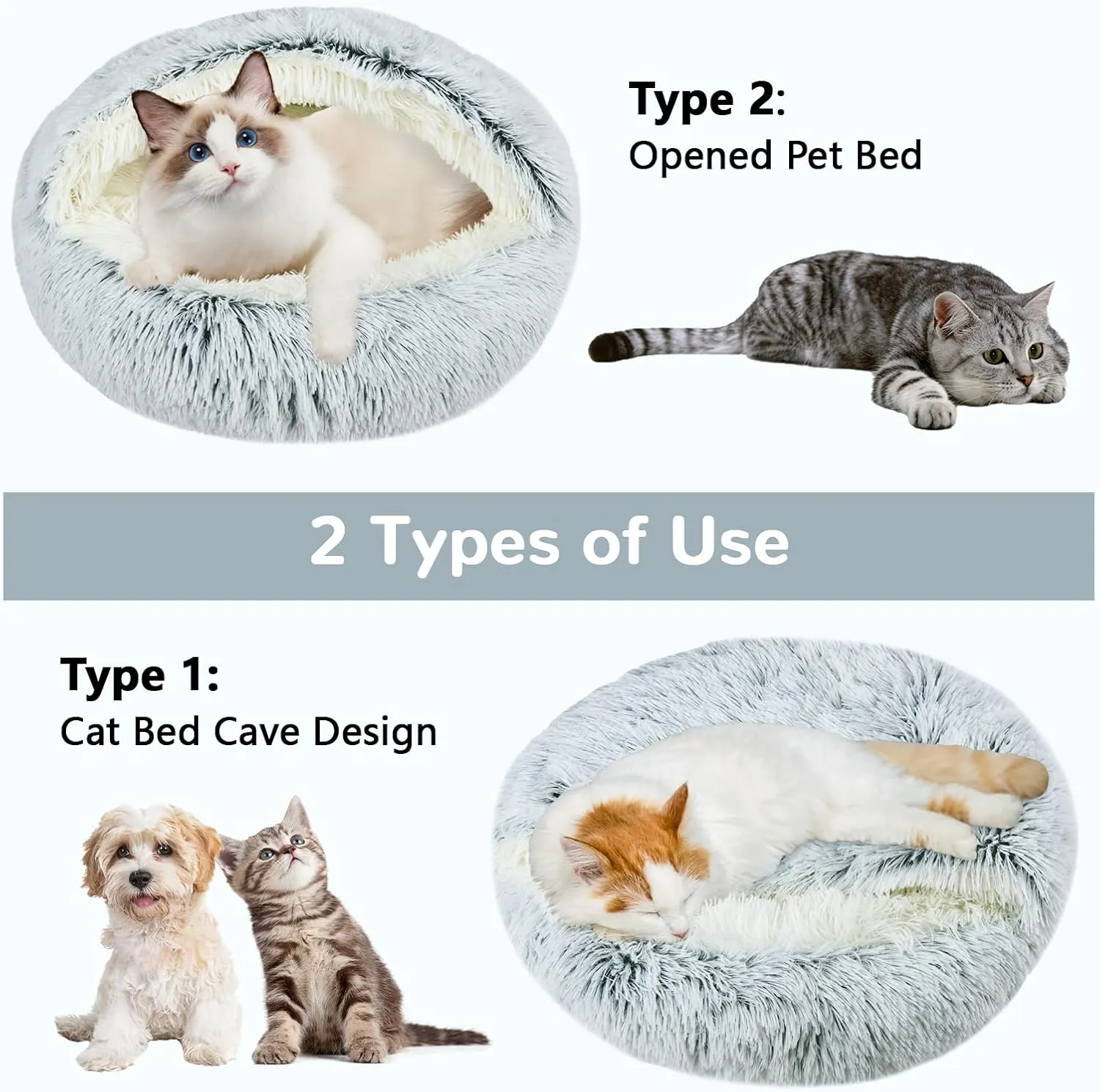 Round Plush Hooded Cat Bed, Fluffy Cozy Anti-Anxiety Dog Cave Beds for Puppy and Kitten, Gifts for Pet Lovers(2424 inch, Grey)