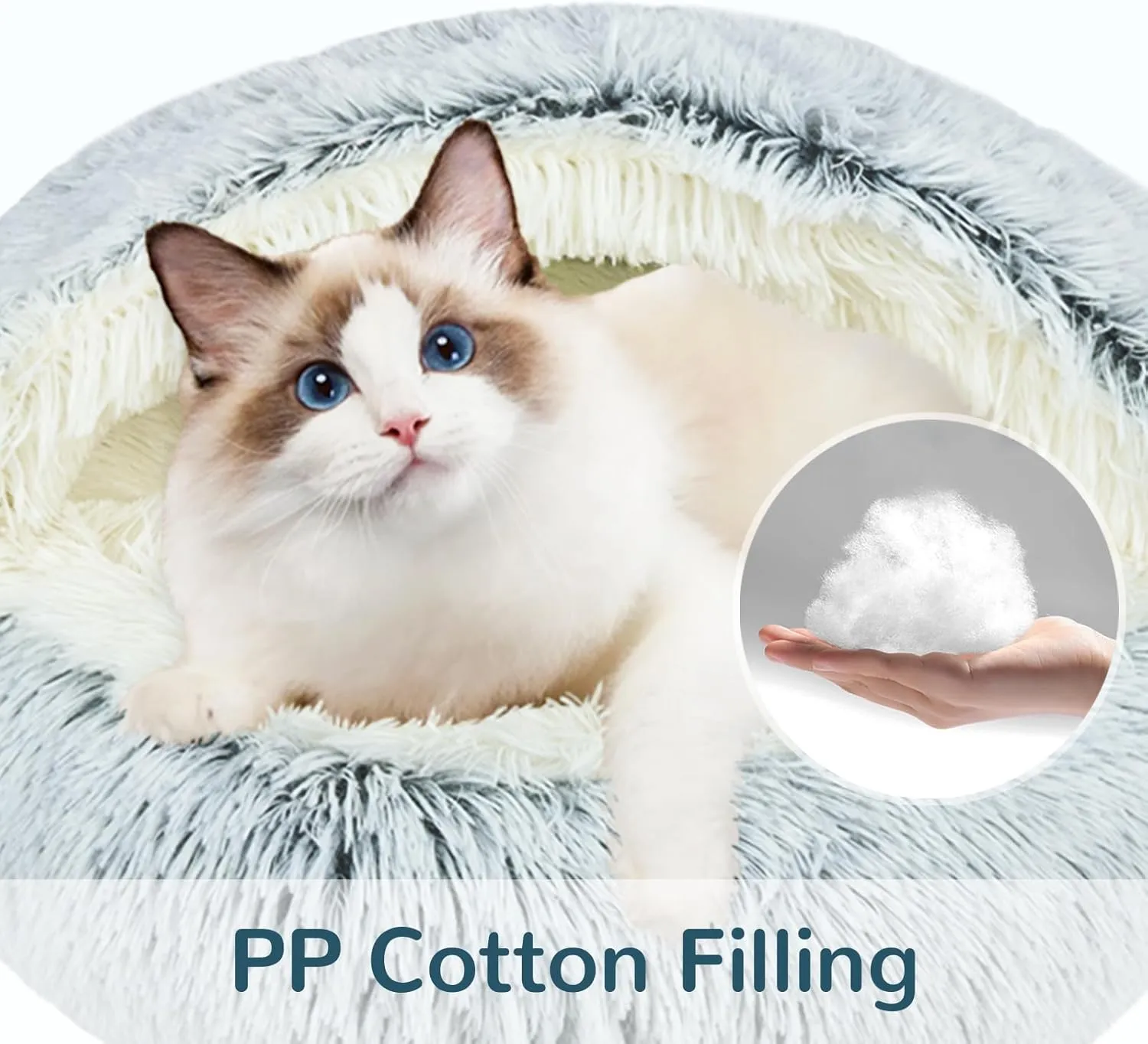 Round Plush Hooded Cat Bed, Fluffy Cozy Anti-Anxiety Dog Cave Beds for Puppy and Kitten, Gifts for Pet Lovers(2424 inch, Grey)