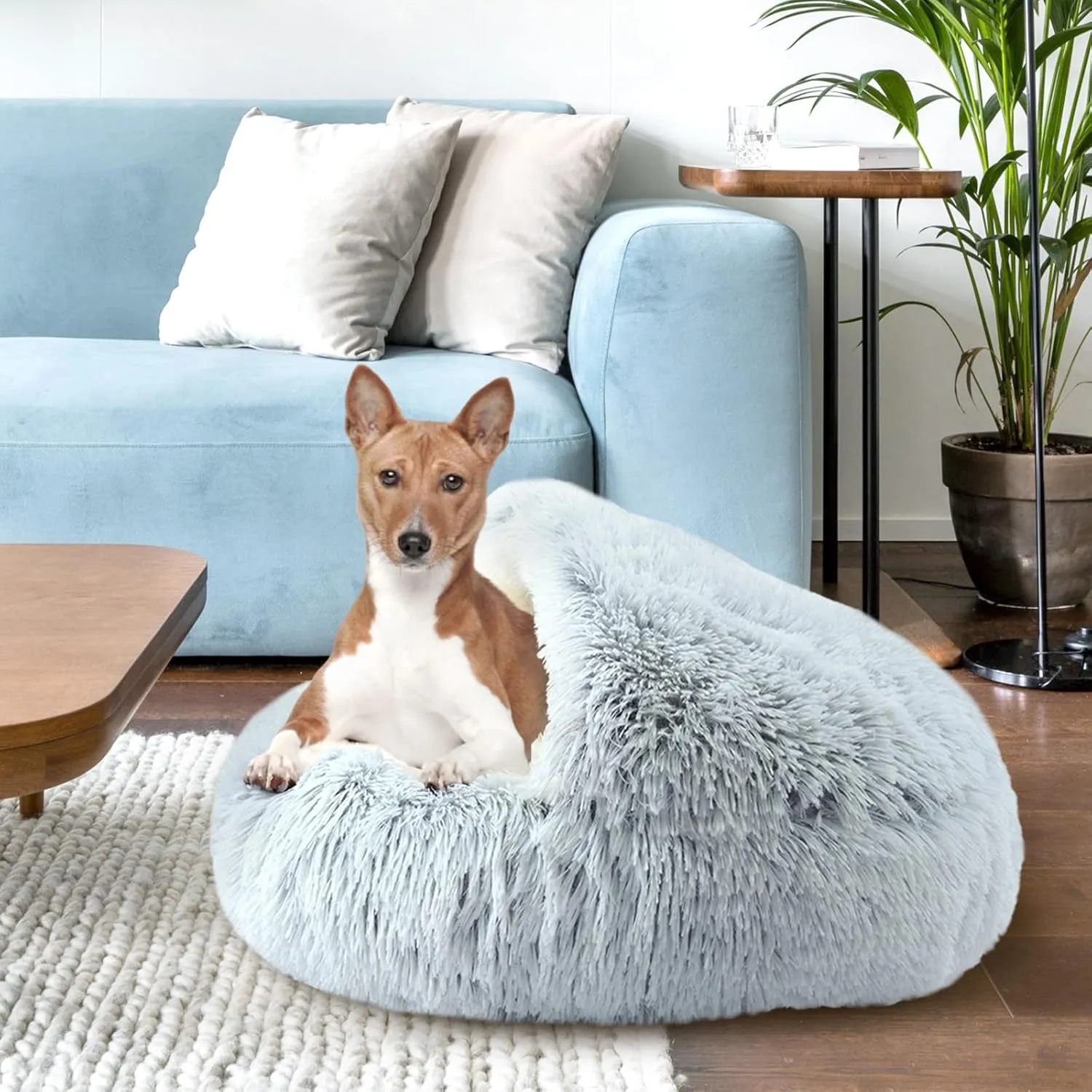 Round Plush Hooded Cat Bed, Fluffy Cozy Anti-Anxiety Dog Cave Beds for Puppy and Kitten, Gifts for Pet Lovers(2424 inch, Grey)