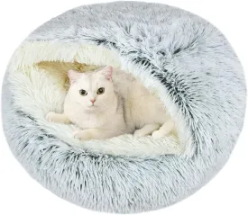 Round Plush Hooded Cat Bed, Fluffy Cozy Anti-Anxiety Dog Cave Beds for Puppy and Kitten, Gifts for Pet Lovers(2424 inch, Grey)