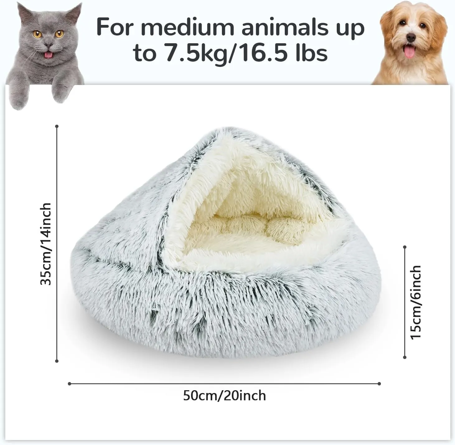 Round Plush Hooded Cat Bed, Fluffy Cozy Anti-Anxiety Dog Cave Beds for Puppy and Kitten, Gifts for Pet Lovers(2424 inch, Grey)
