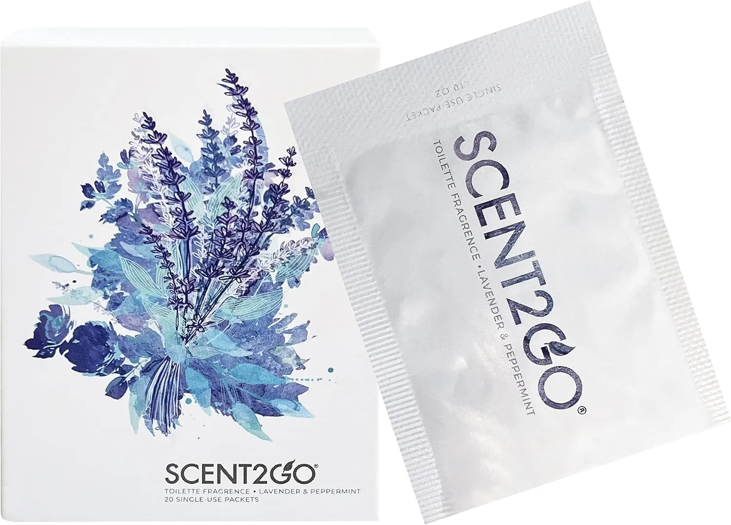 Scent2Go Toilet Fragrance Powder - Discreet Travel Size Packet - Leak Lock Design - Plant Based Formula - Lavender   Peppermint - 20 Single Use Packets