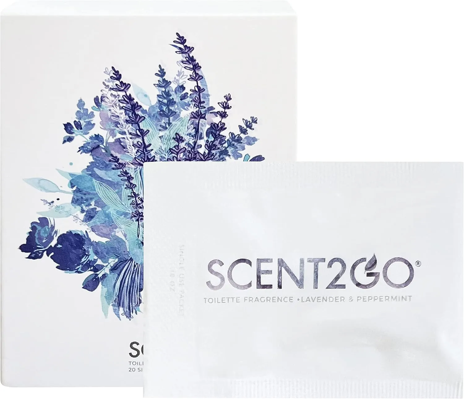 Scent2Go Toilet Fragrance Powder - Discreet Travel Size Packet - Leak Lock Design - Plant Based Formula - Lavender   Peppermint - 20 Single Use Packets
