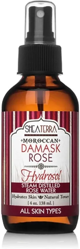 Shea Terra Organics Beauty Water, Toner & Face Mist  Moroccan Damask Rose Hydrosol | Natural Daily Hydrating Toner with Anti-Aging Rose Distillate to Moisturize & Soothe Dry, Inflamed Skin  4 oz