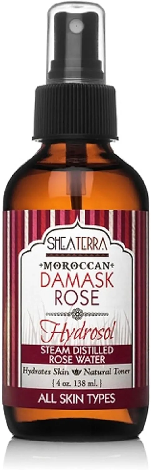 Shea Terra Organics Beauty Water, Toner & Face Mist  Moroccan Damask Rose Hydrosol | Natural Daily Hydrating Toner with Anti-Aging Rose Distillate to Moisturize & Soothe Dry, Inflamed Skin  4 oz