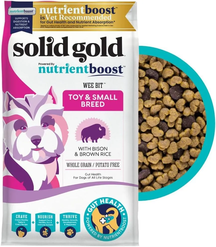 Solid Gold Toy & Small Breed Dog Food Dry Small Bites  Real Bison & Healthy Whole Grain Dogfood  Potato Free, High Fiber Healthy Dog Kibble w/Probiotics for Gut Health  NutrientBoost  3.75 lb