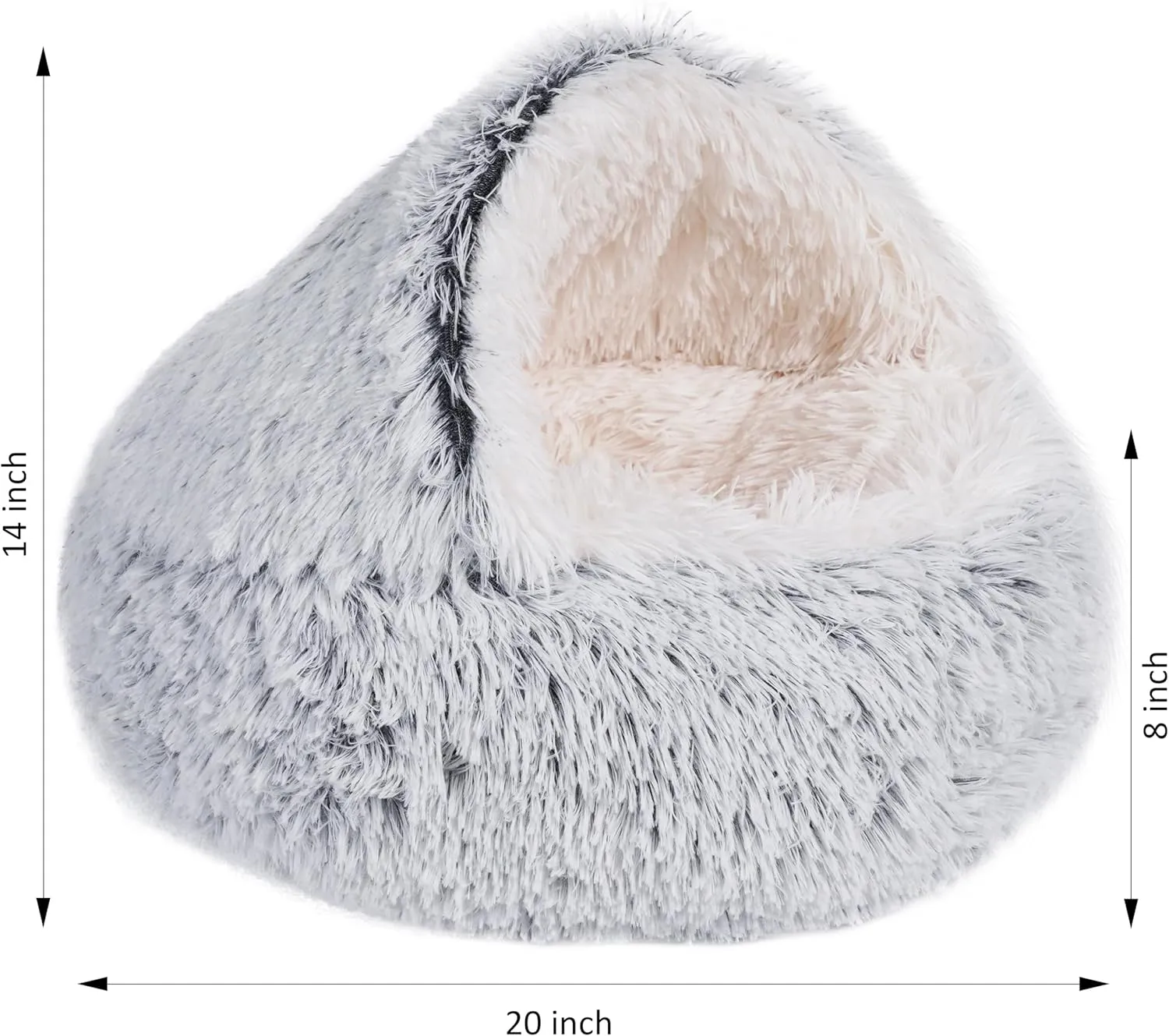 something different Cat Bed Round Plush Fluffy Hooded Calming Cat Bed Cave (Gradual Grey)