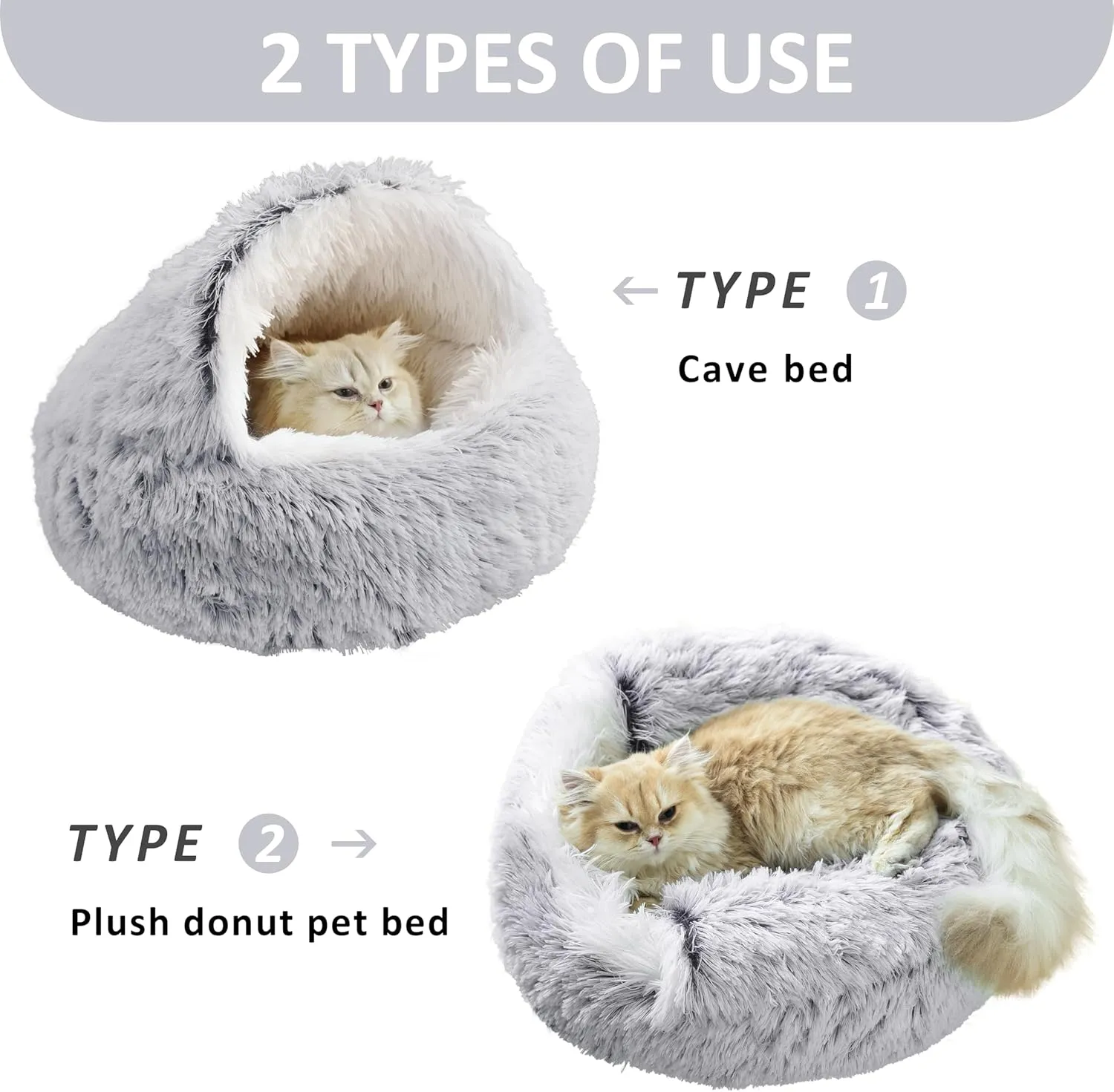 something different Cat Bed Round Plush Fluffy Hooded Calming Cat Bed Cave (Gradual Grey)