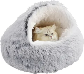 something different Cat Bed Round Plush Fluffy Hooded Calming Cat Bed Cave (Gradual Grey)