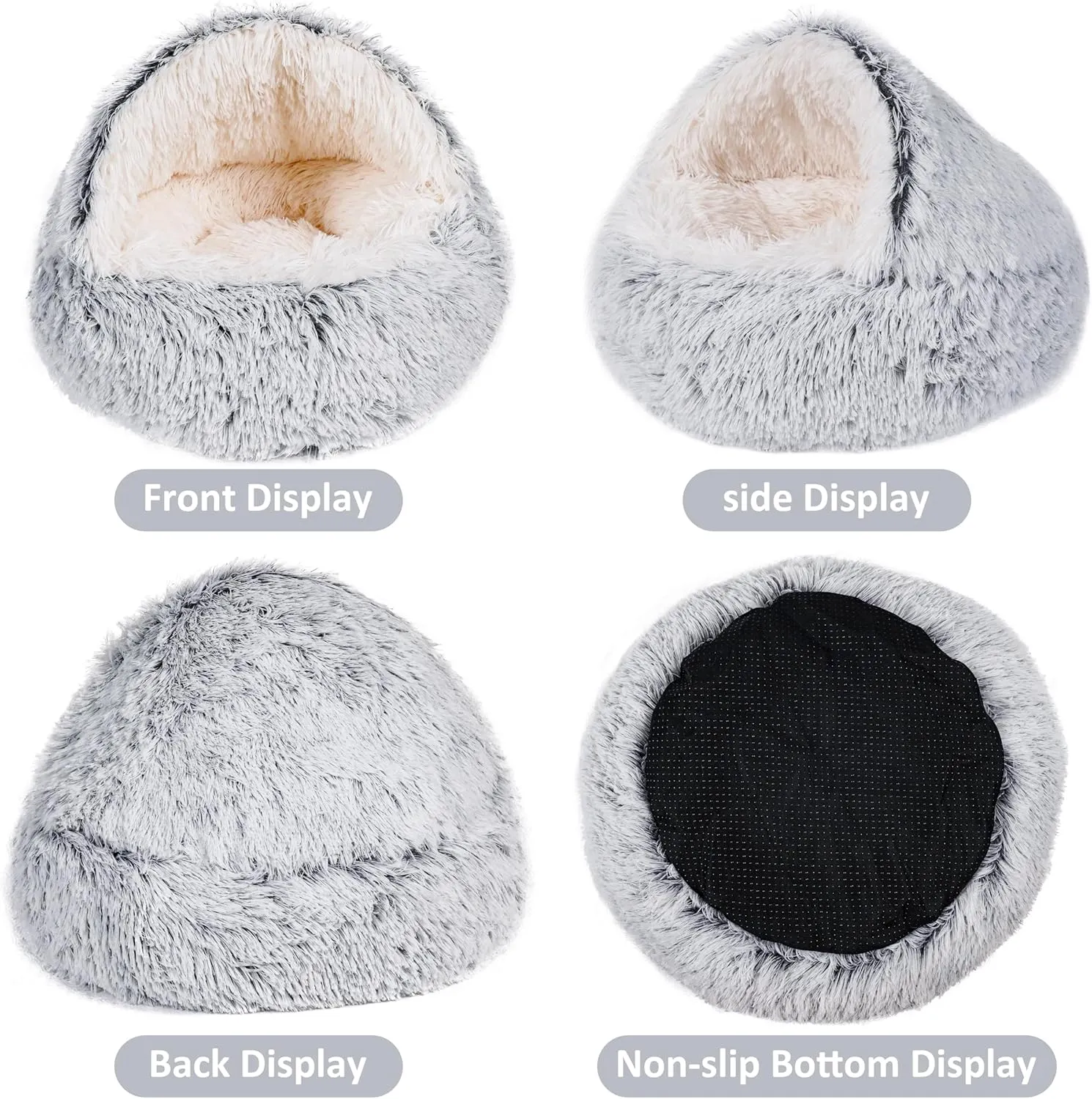 something different Cat Bed Round Plush Fluffy Hooded Calming Cat Bed Cave (Gradual Grey)