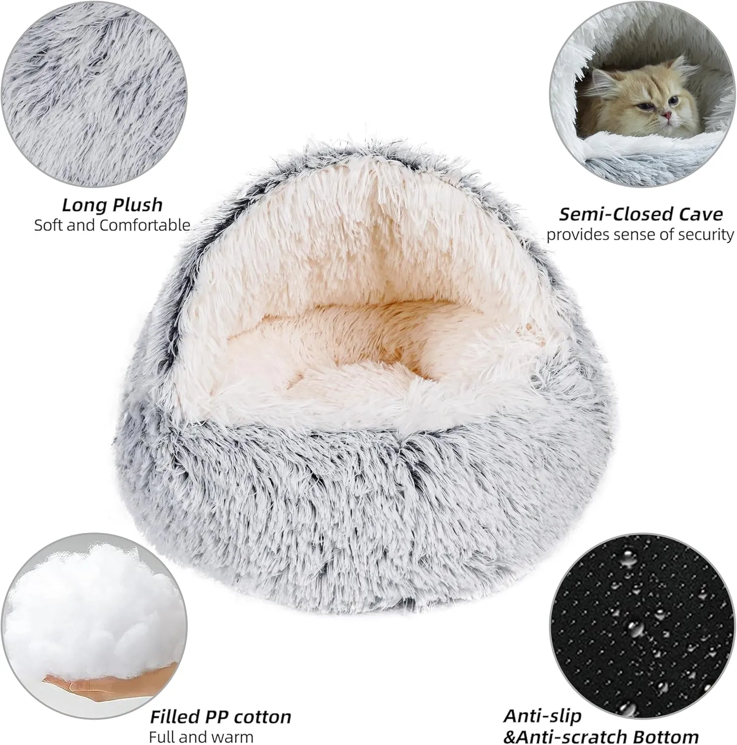 something different Cat Bed Round Plush Fluffy Hooded Calming Cat Bed Cave (Gradual Grey)
