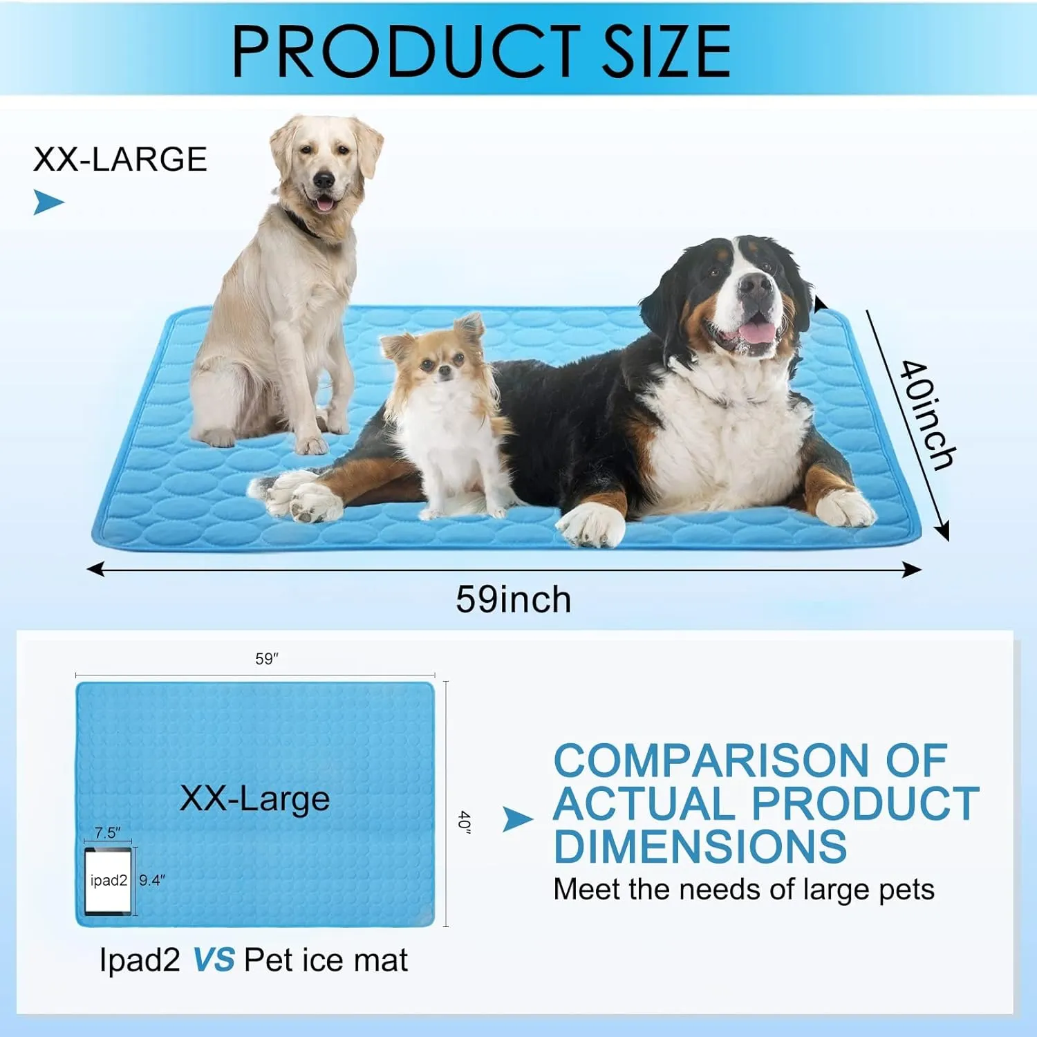 SOMOYA Dog Self Cooling Mat Pet Washable Cooling Pads Blanket Sleeping Kennel Mat,Ice Silk Sleep Mat Pad Non-Toxic Breathable Sleep Bed Beach for Large Dogs Cats (Blue, 39.4x59 in)