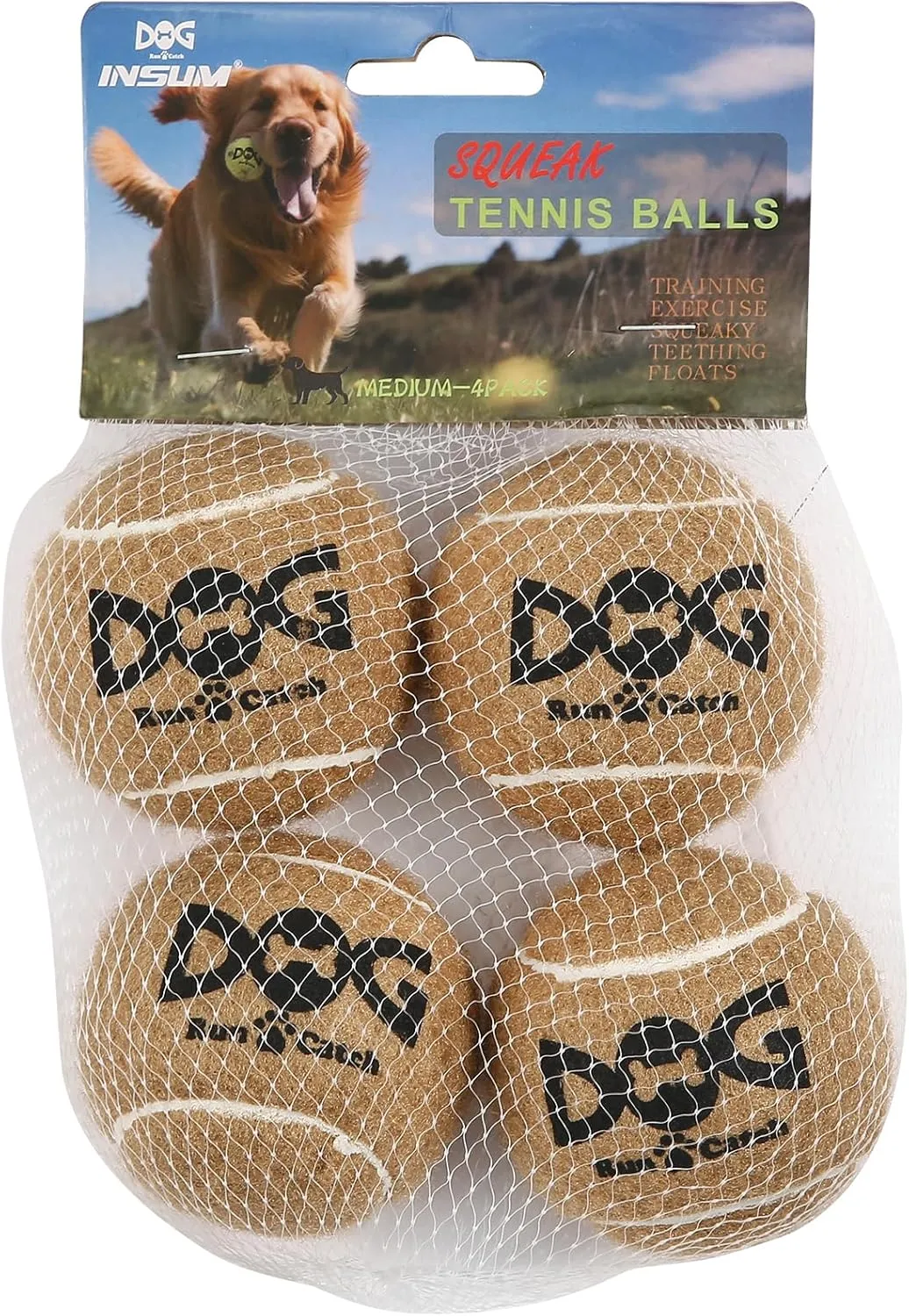 Squeaky Dog Balls - Squeaky Tennis Balls for Dogs, Brown | Medium - 2.5'', 4Pack