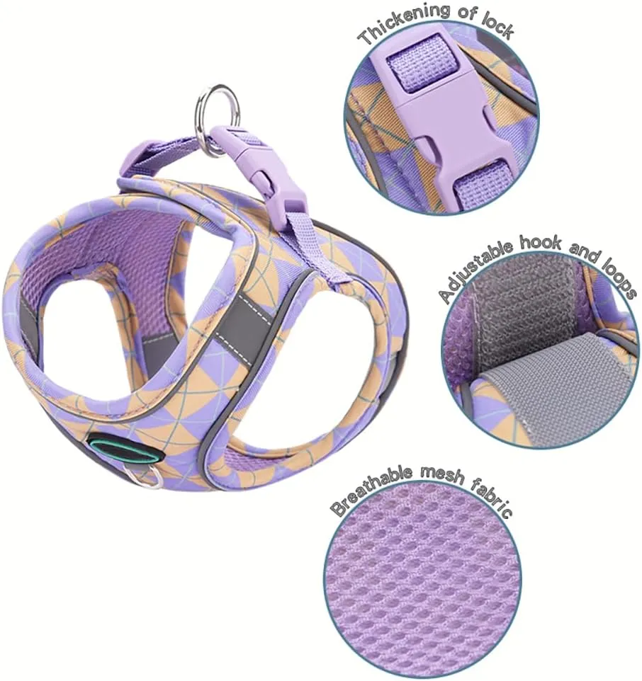 Step in Dog Harness and Leash Set, Plaid Adjustable Easy Walk Puppy Harnesses, Soft Mesh Pet Vest Harness Small Size Dog Adjustable No Pull Dog Harness for Small Medium Dogs(Blue Pink, XS)