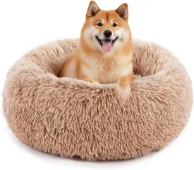 Sweetcrispy Calming Donut Dog & Cat Bed, Machine Washable Cuddle Warming Cozy Fluffy Faux Fur Plush Round Dog Bed, Anti-Anxiety Waterproof Anti-Slip Pet Bed for Small Medium Dogs and Cats,24 inches