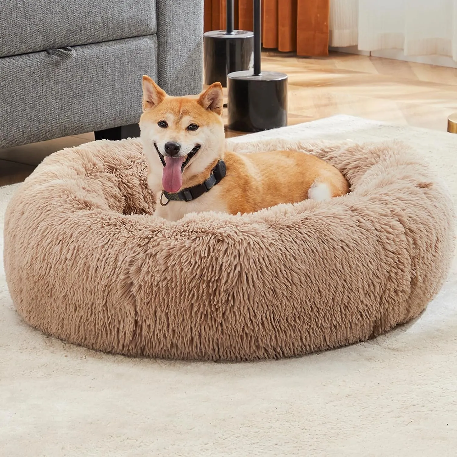 Sweetcrispy Calming Donut Dog & Cat Bed, Machine Washable Cuddle Warming Cozy Fluffy Faux Fur Plush Round Dog Bed, Anti-Anxiety Waterproof Anti-Slip Pet Bed for Small Medium Dogs and Cats,24 inches