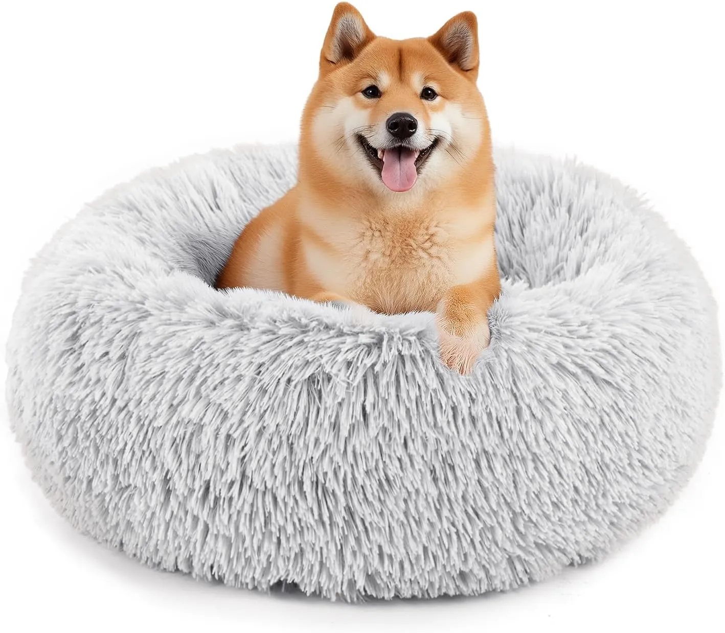 Sweetcrispy Calming Donut Dog & Cat Bed, Machine Washable Cuddle Warming Cozy Fluffy Faux Fur Plush Round Dog Bed, Anti-Anxiety Waterproof Anti-Slip Pet Bed for Small Medium Dogs and Cats,24 inches