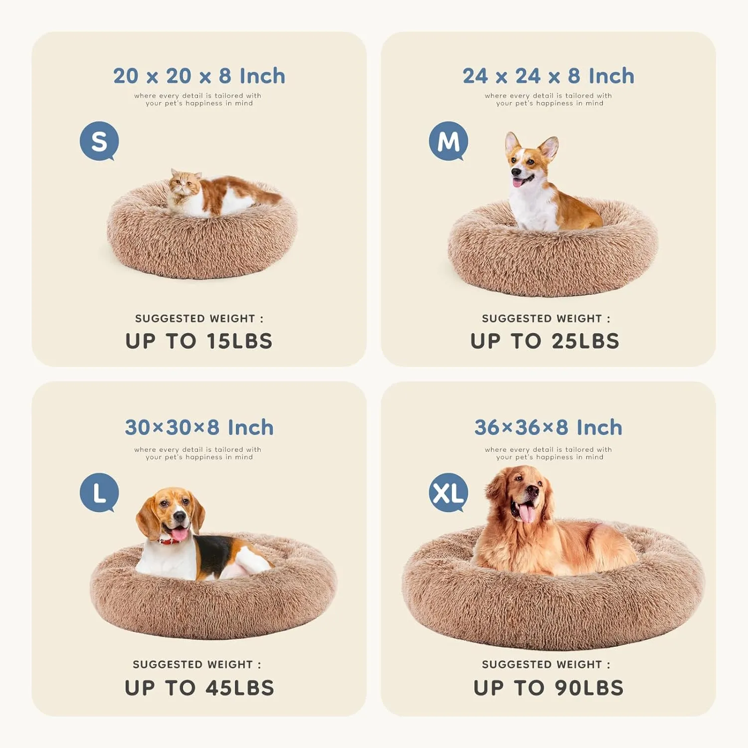 Sweetcrispy Calming Donut Dog & Cat Bed, Machine Washable Cuddle Warming Cozy Fluffy Faux Fur Plush Round Dog Bed, Anti-Anxiety Waterproof Anti-Slip Pet Bed for Small Medium Dogs and Cats,24 inches