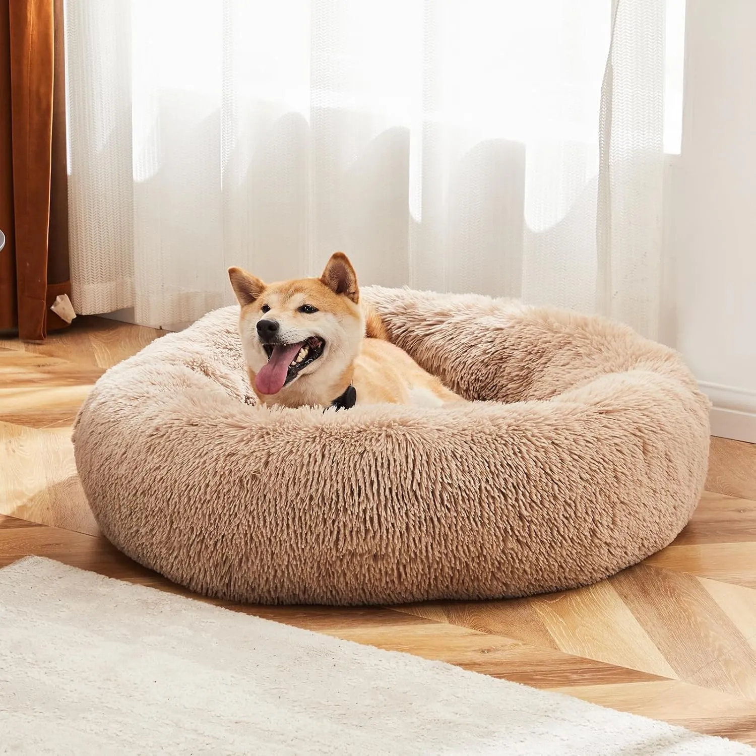 Sweetcrispy Calming Donut Dog & Cat Bed, Machine Washable Cuddle Warming Cozy Fluffy Faux Fur Plush Round Dog Bed, Anti-Anxiety Waterproof Anti-Slip Pet Bed for Small Medium Dogs and Cats,24 inches