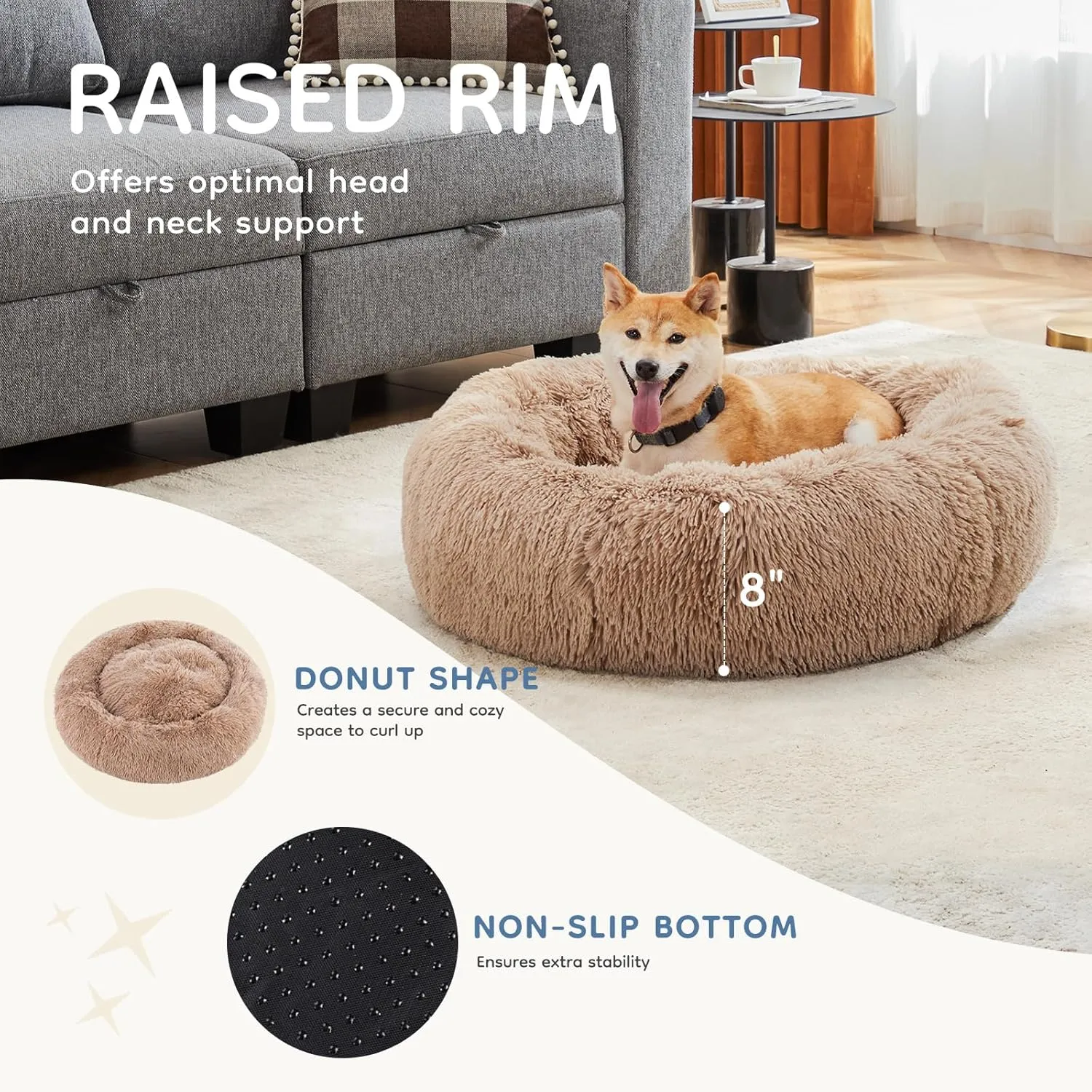 Sweetcrispy Calming Donut Dog & Cat Bed, Machine Washable Cuddle Warming Cozy Fluffy Faux Fur Plush Round Dog Bed, Anti-Anxiety Waterproof Anti-Slip Pet Bed for Small Medium Dogs and Cats,24 inches