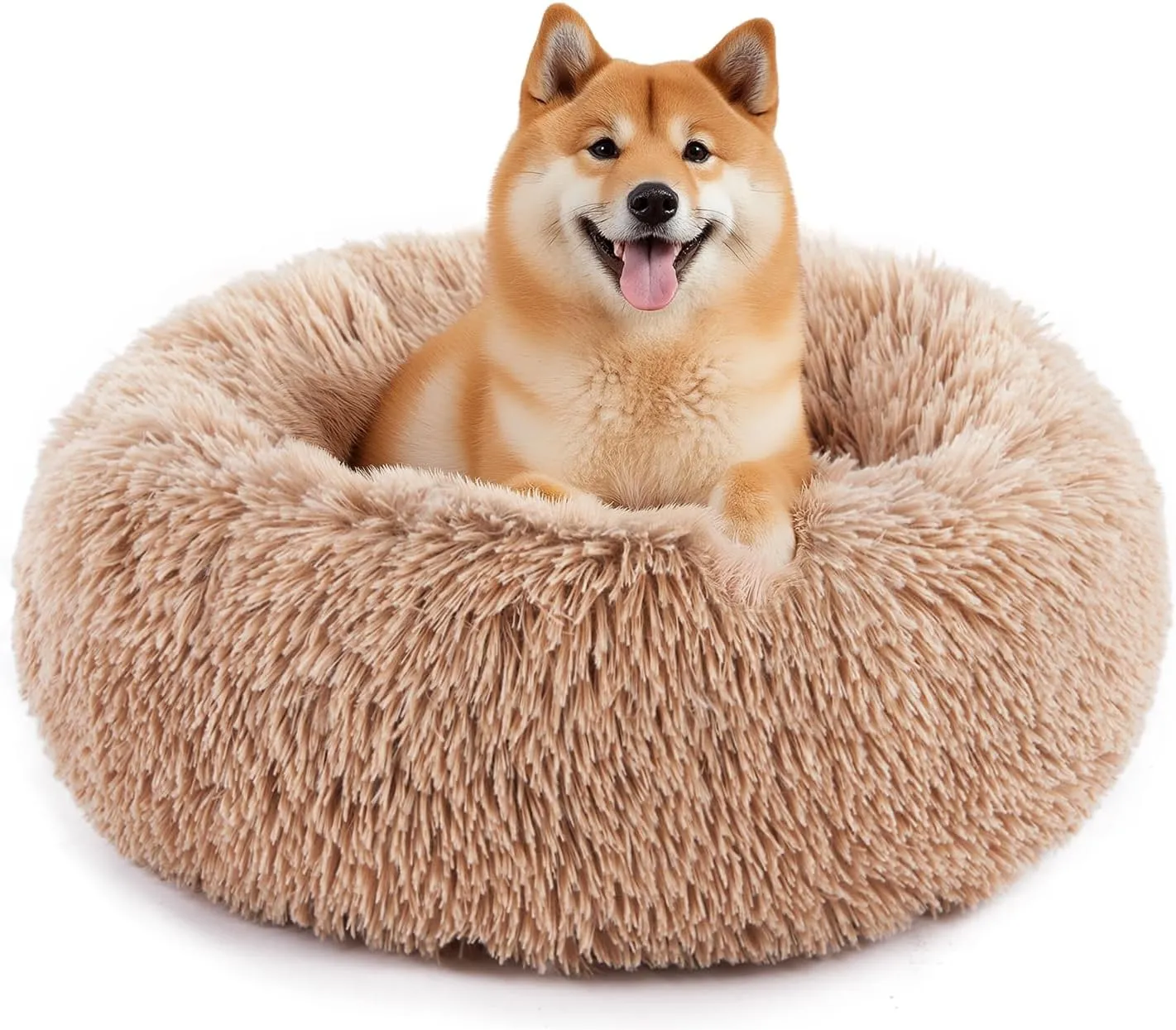 Sweetcrispy Calming Donut Dog & Cat Bed, Machine Washable Cuddle Warming Cozy Fluffy Faux Fur Plush Round Dog Bed, Anti-Anxiety Waterproof Anti-Slip Pet Bed for Small Medium Dogs and Cats,24 inches