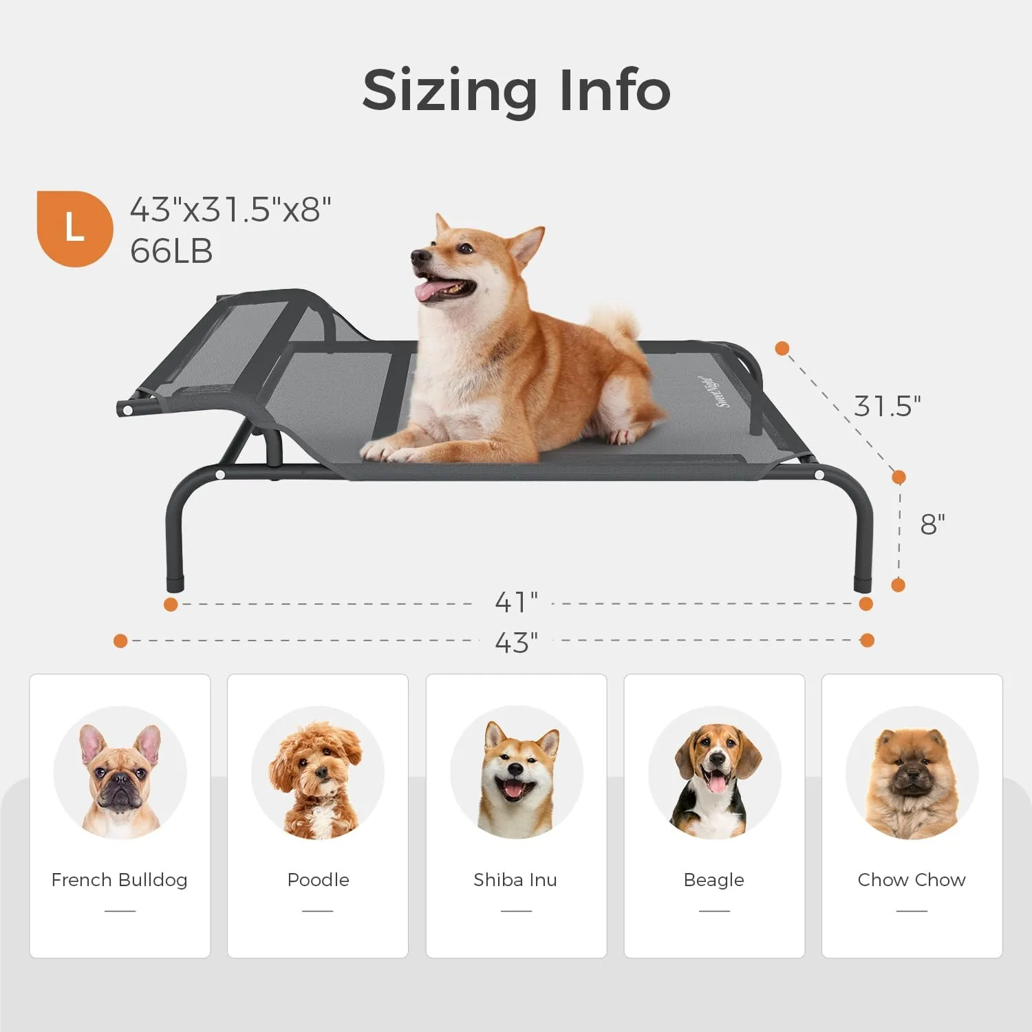 Sweetnight Elevated Dog Bed - Original Headrest Design | Frame with Breathable Mesh & Non-Slip Feet | Elevated Hammock Bed for Medium Dogs, Indoor & Outdoor, Grey, 43 inches