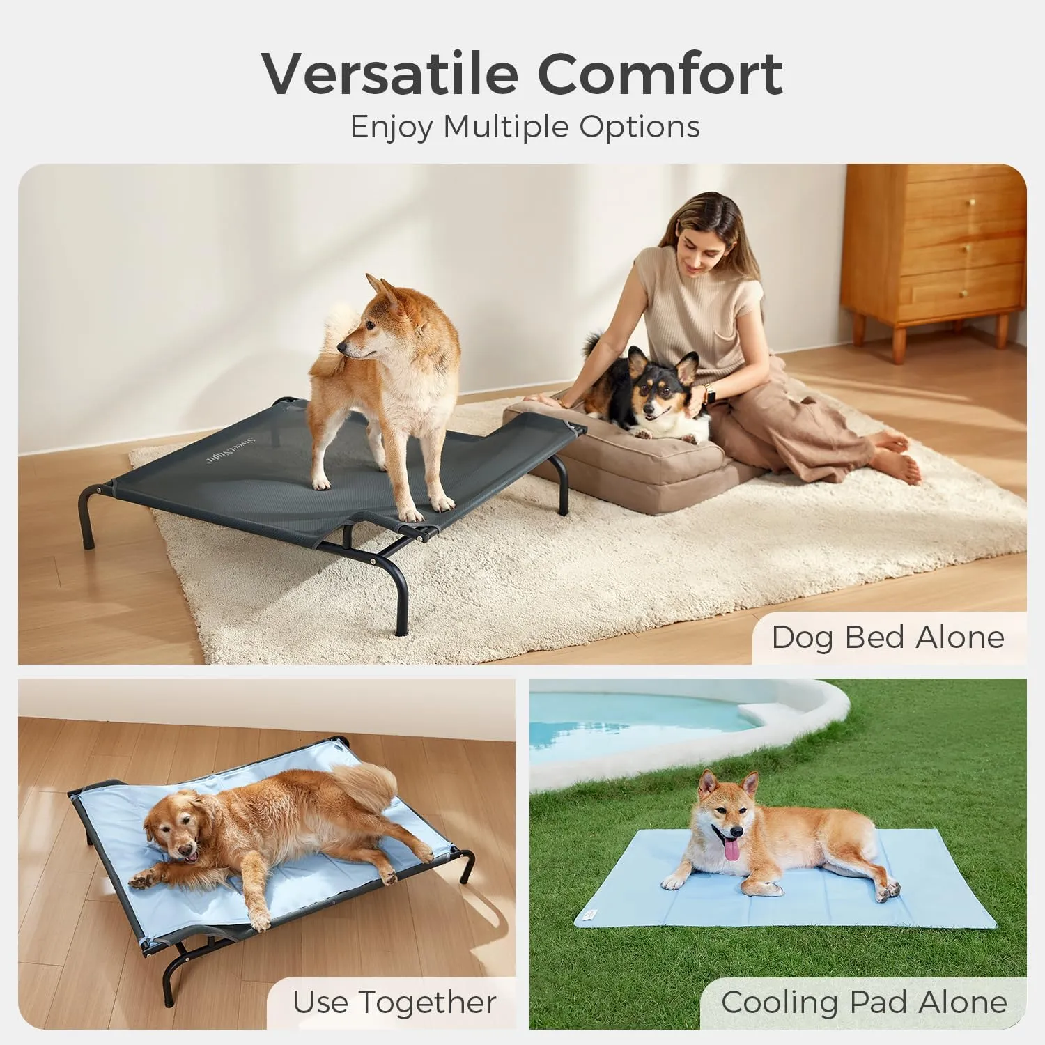 Sweetnight Elevated Dog Bed - Original Headrest Design | Frame with Breathable Mesh & Non-Slip Feet | Elevated Hammock Bed for Medium Dogs, Indoor & Outdoor, Grey, 43 inches