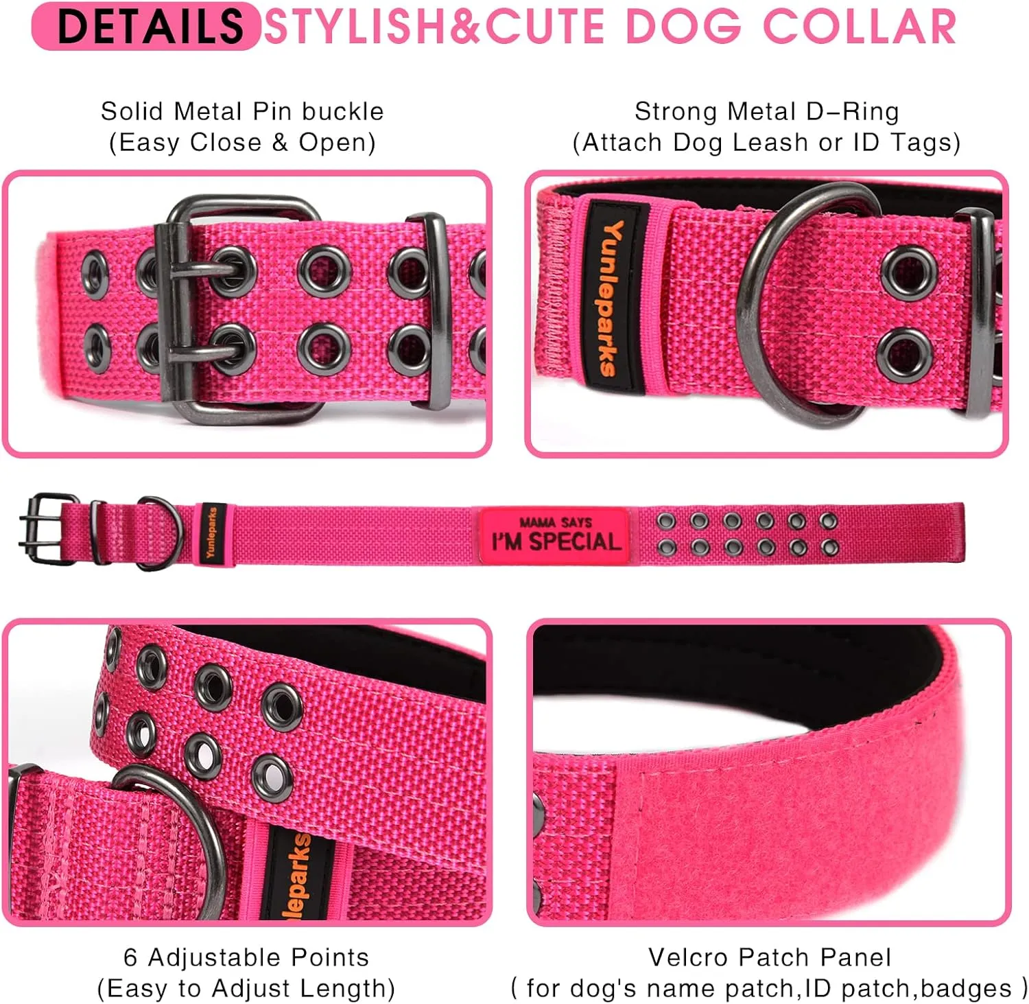 Tactical Collar for Medium Large Dogs, Heavy Duty Metal Buckle, Soft Neoprene Padded, Nylon Wide(Large, Pink)