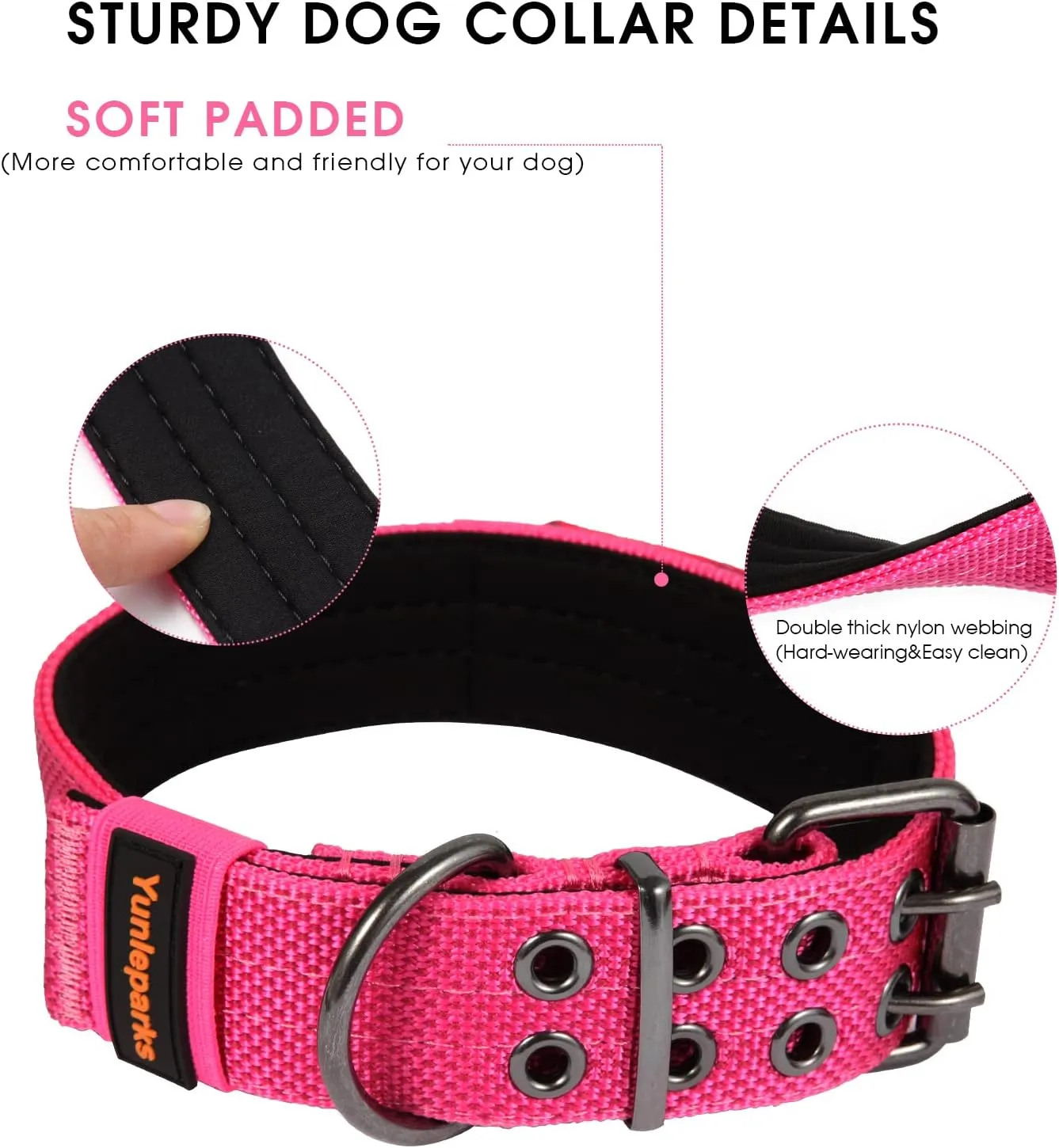 Tactical Collar for Medium Large Dogs, Heavy Duty Metal Buckle, Soft Neoprene Padded, Nylon Wide(Large, Pink)