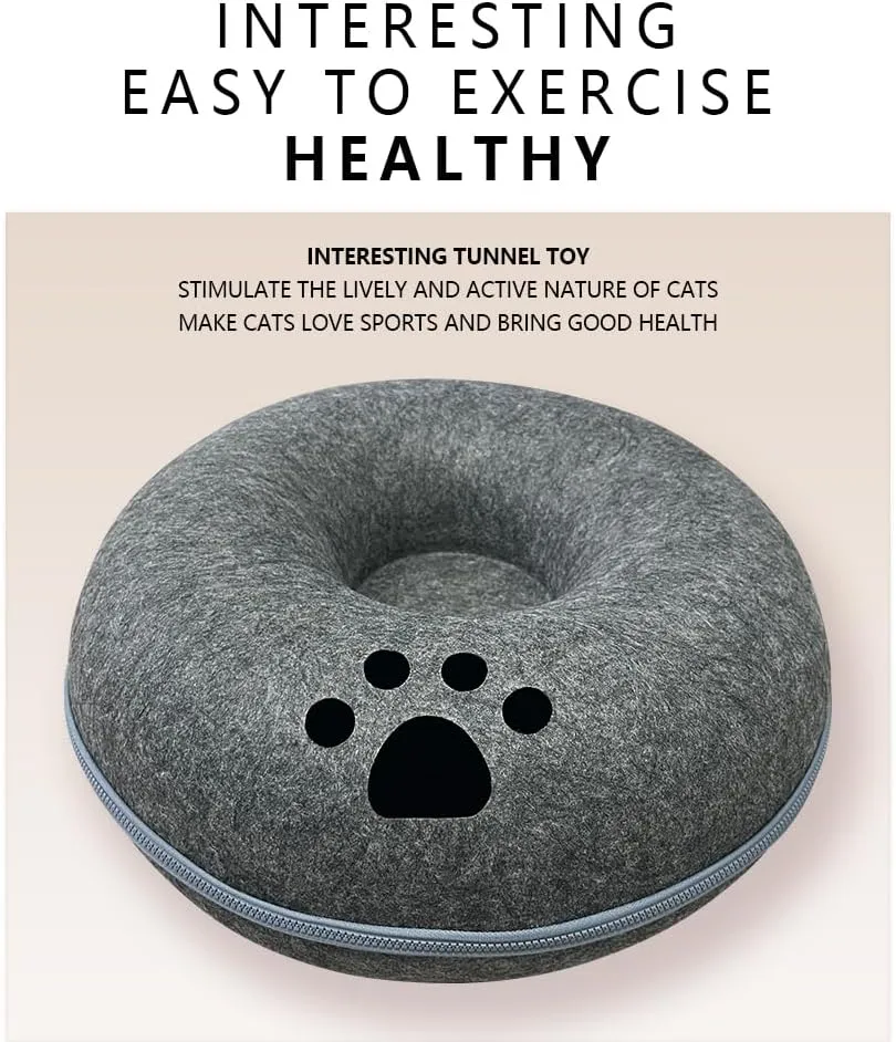 Tunnel nest, Donut nest, Fun Ventilation Peephole, Detachable Zipper cat Bed, Felt Washable, All Season Universal cat Bed Suitable for Cats (Dark Gray, Small)