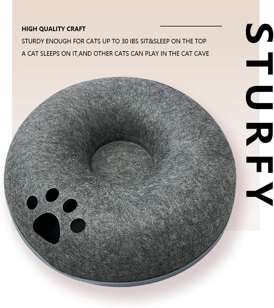 Tunnel nest, Donut nest, Fun Ventilation Peephole, Detachable Zipper cat Bed, Felt Washable, All Season Universal cat Bed Suitable for Cats (Dark Gray, Small)