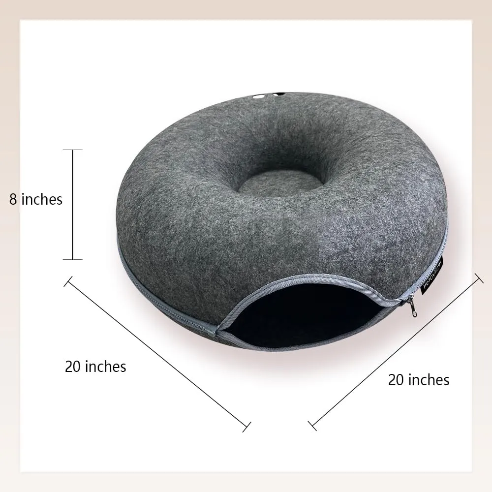 Tunnel nest, Donut nest, Fun Ventilation Peephole, Detachable Zipper cat Bed, Felt Washable, All Season Universal cat Bed Suitable for Cats (Dark Gray, Small)