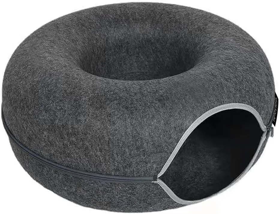 Tunnel nest, Donut nest, Fun Ventilation Peephole, Detachable Zipper cat Bed, Felt Washable, All Season Universal cat Bed Suitable for Cats (Dark Gray, Small)