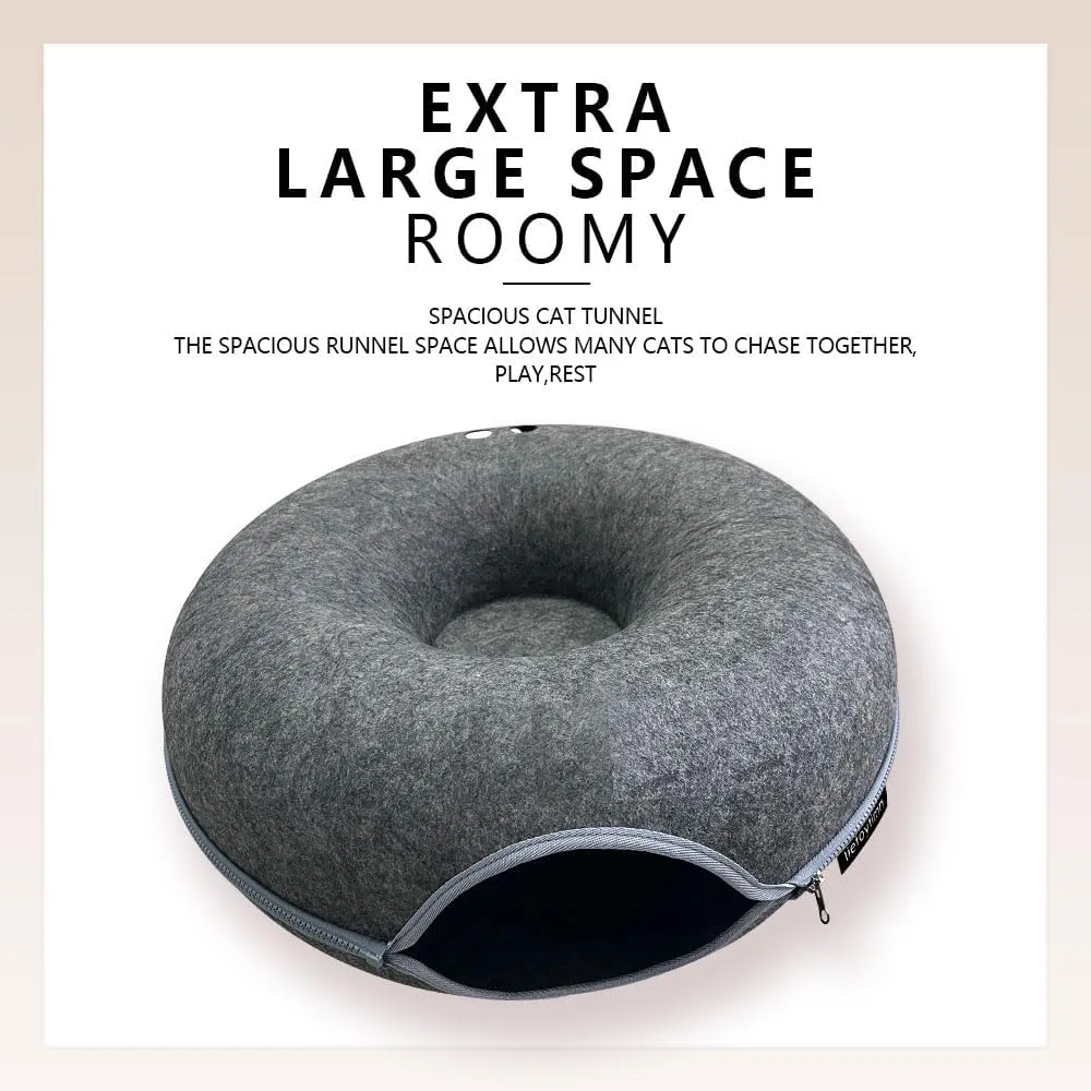 Tunnel nest, Donut nest, Fun Ventilation Peephole, Detachable Zipper cat Bed, Felt Washable, All Season Universal cat Bed Suitable for Cats (Dark Gray, Small)