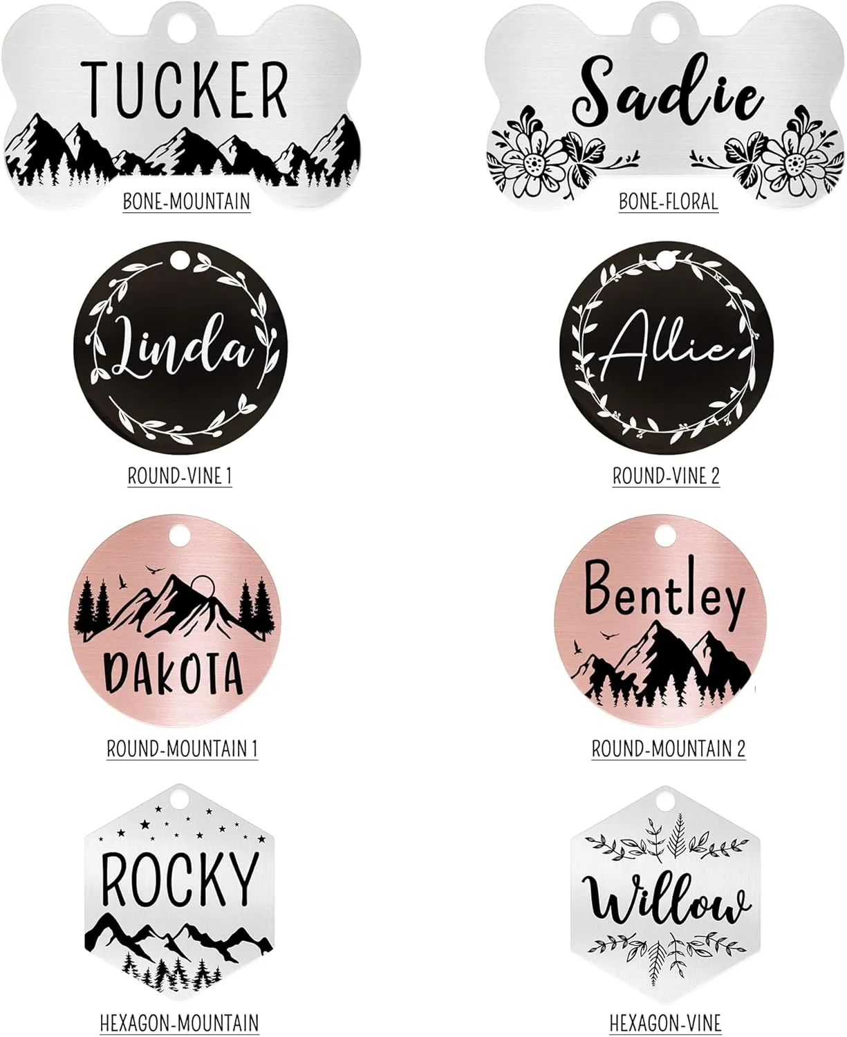 Ultra Joys Stainless Steel Pet ID Tag Dog Name Tags Personalized Front and Back Engraving, Customized Dog Tags and Cat Tag, Optional Engraved on Both Sides, Bone Tag Mountain Design, Silver Large