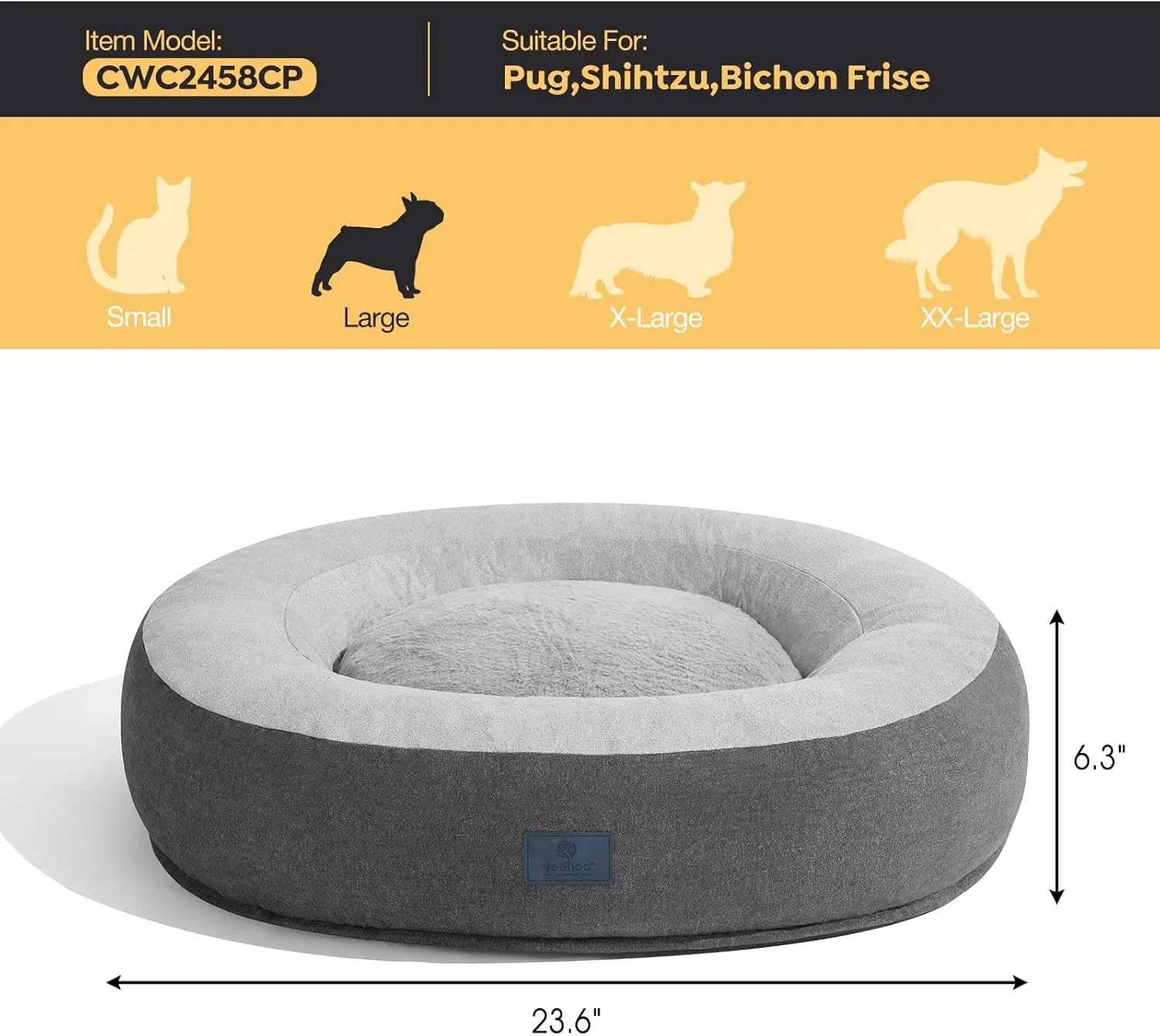 Veehoo Calming Donut Cat Dog Bed, Round Dog Cushion Bed Anti-Anxiety Donut Cuddler Warming Cozy Soft Pet Bed Mashine Washable for Small Medium Dogs and Cats, 23.6inches Smoke Gray