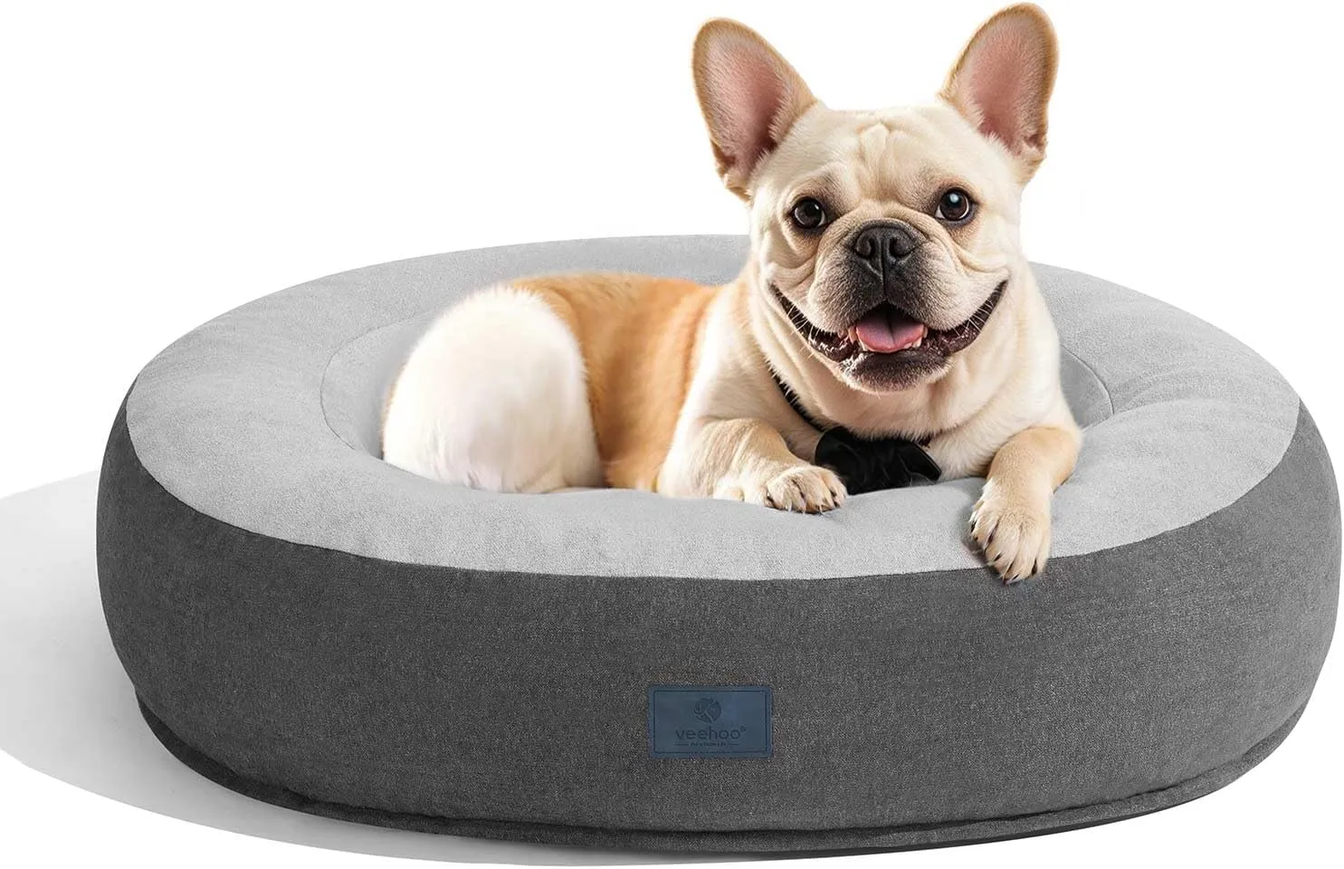 Veehoo Calming Donut Cat Dog Bed, Round Dog Cushion Bed Anti-Anxiety Donut Cuddler Warming Cozy Soft Pet Bed Mashine Washable for Small Medium Dogs and Cats, 23.6inches Smoke Gray