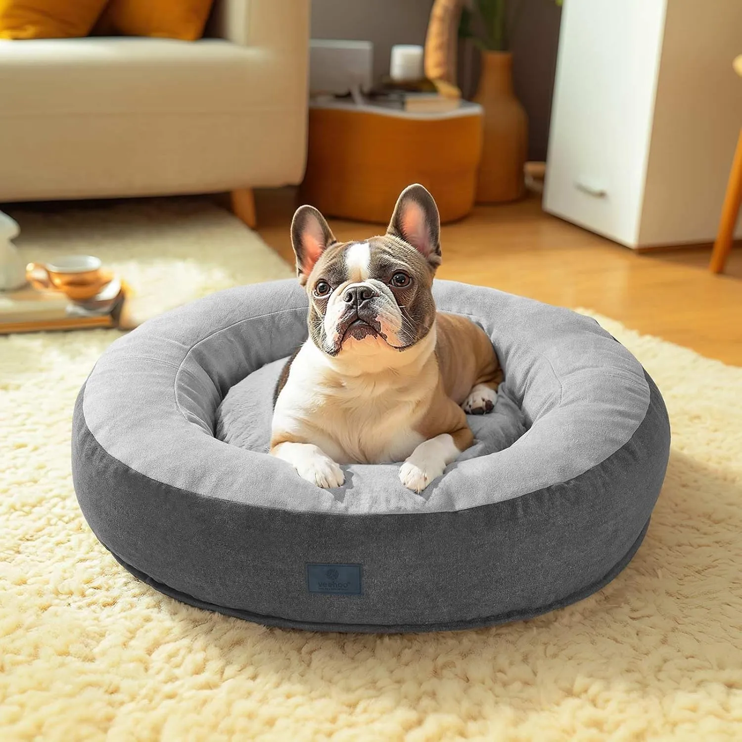 Veehoo Calming Donut Cat Dog Bed, Round Dog Cushion Bed Anti-Anxiety Donut Cuddler Warming Cozy Soft Pet Bed Mashine Washable for Small Medium Dogs and Cats, 23.6inches Smoke Gray