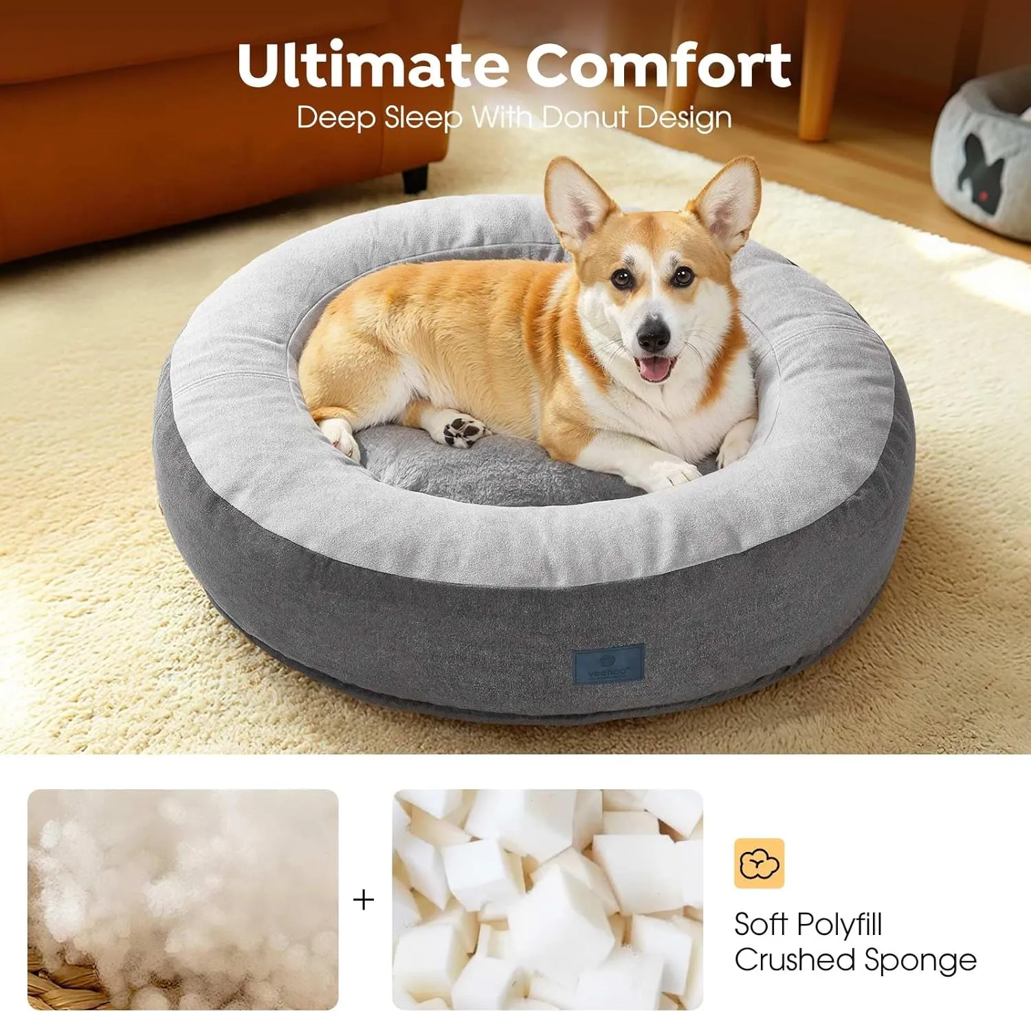 Veehoo Calming Donut Cat Dog Bed, Round Dog Cushion Bed Anti-Anxiety Donut Cuddler Warming Cozy Soft Pet Bed Mashine Washable for Small Medium Dogs and Cats, 23.6inches Smoke Gray