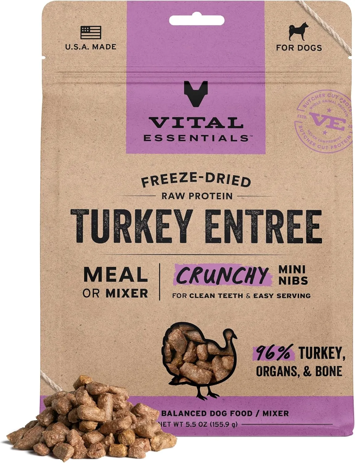 Vital Essentials Freeze-Dried Raw Turkey Entree & Mixer Dog Food Crunchy Mini Nibs, 5.5 oz