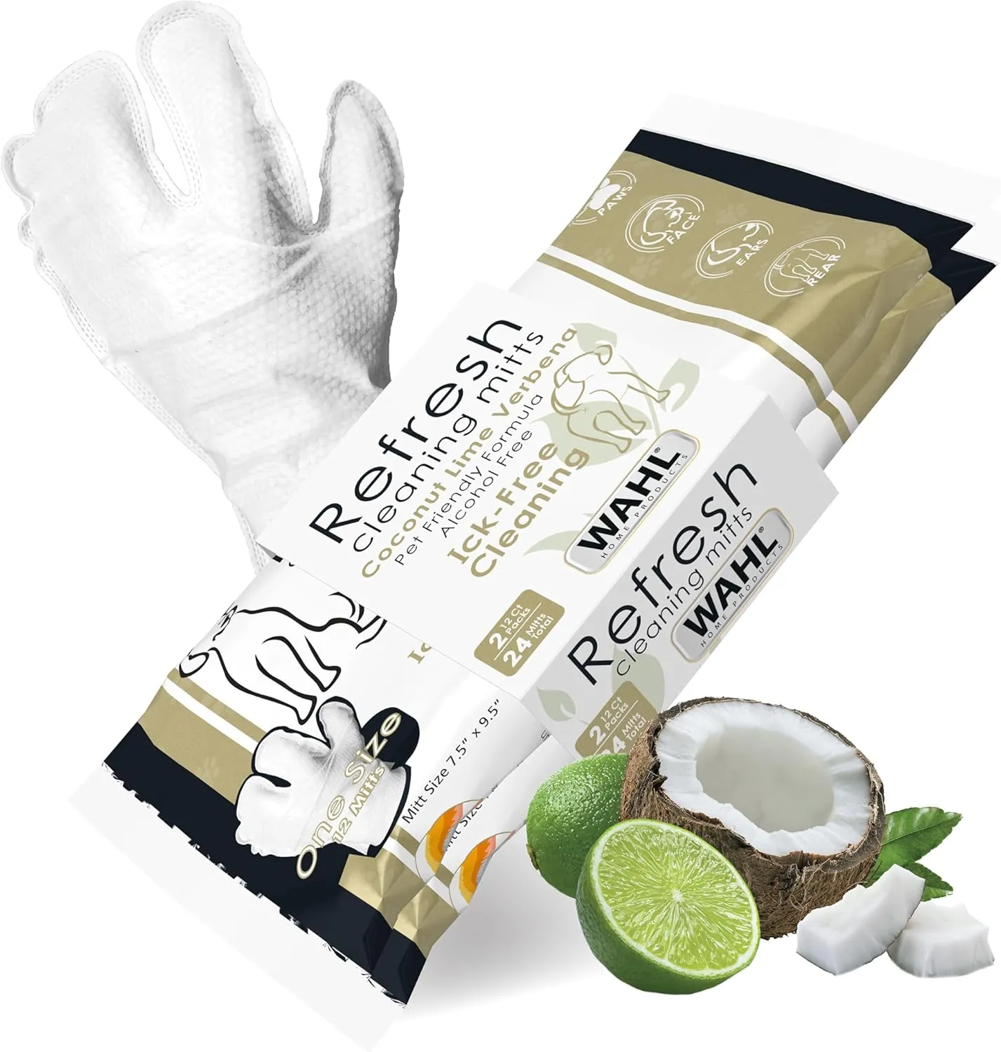 Wahl Refresh Cleaning Mitt Dog Wipes for Ick-Free Cleaning of Dog Paws, Face, Ears and Butt - Coconut Lime Verbena Scent  24 ct - Model 3027121