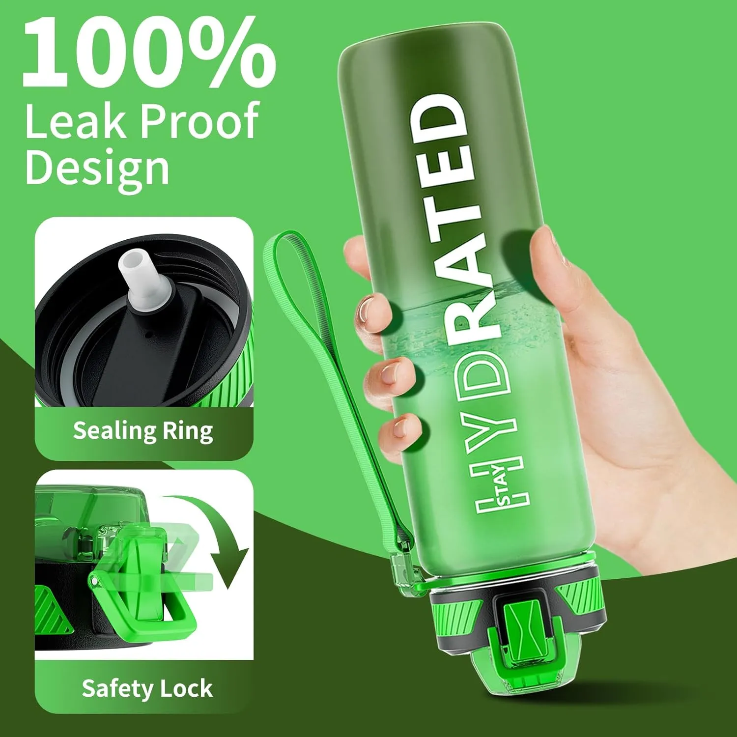 Water Bottle with Straw, 32oz Motivational Water Bottles with Time Marker to Drink, Tritan BPA Free, 1L Sports Water Bottle with Carry Strap LeakProof for Women Gym Fitness Outdoor (1 Pack)