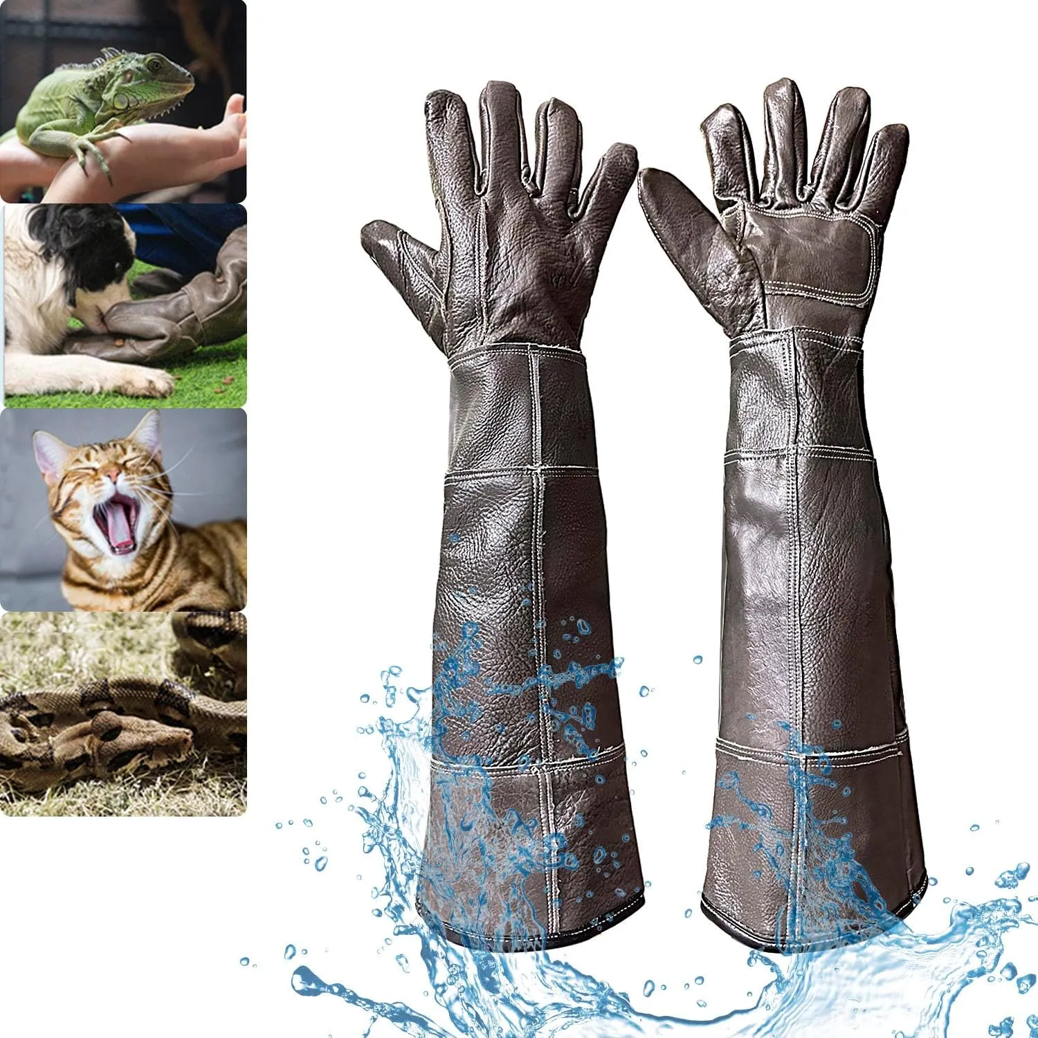 Waterproof Animal Handling Gloves Bite Proof, 60cm/ 23.6In Bite Resistant Gloves for Bathing, Grooming, Handling Cat Dog Rat Snake Lizard Falcon Reptile, Reinforced Leather Protection Gloves