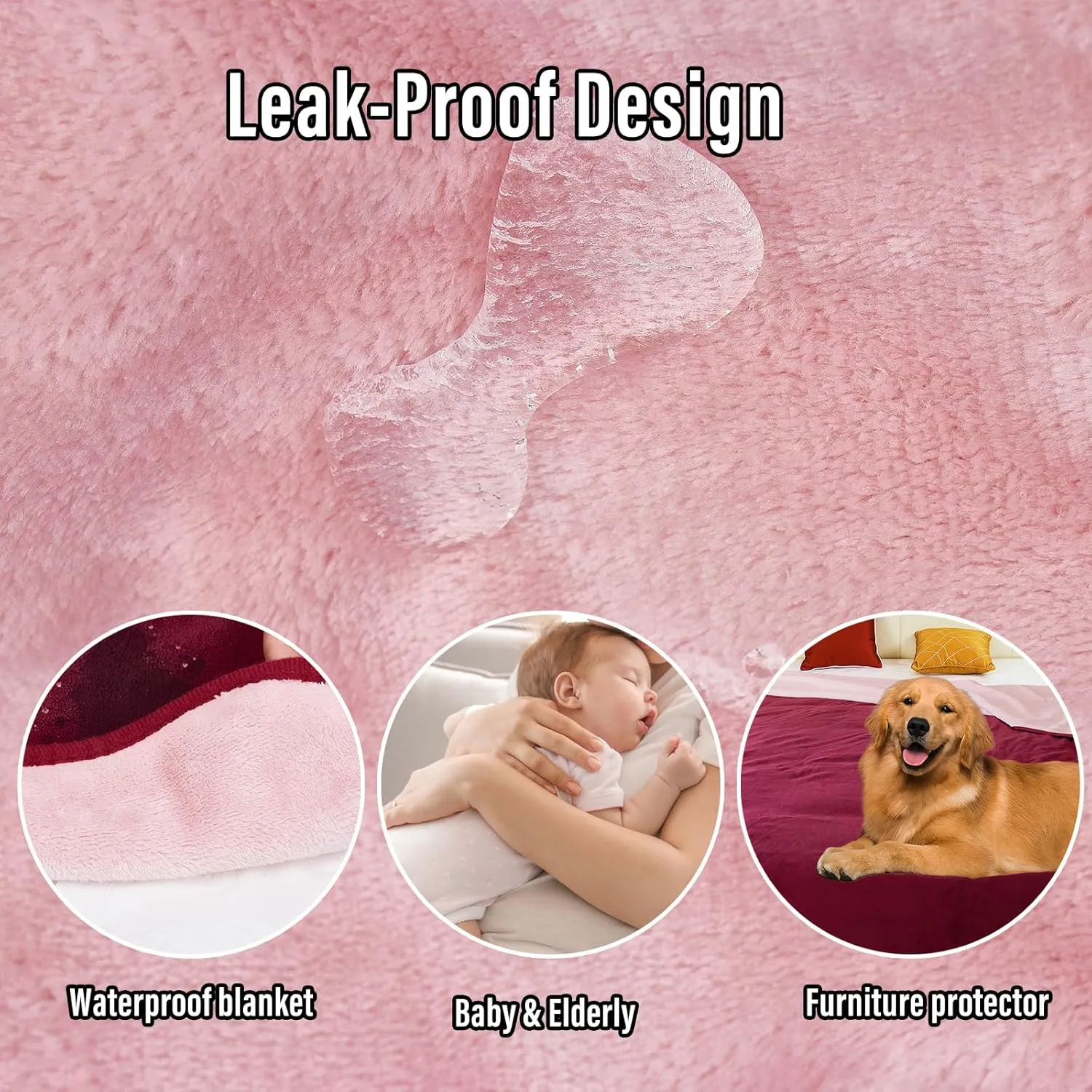 Waterproof Blanket for Bed Couch Sofa, Reversible & Reusable Cat, Dog Blanket Waterproof Washable, Small Water Resistant Blankets, Leakproof (40"x60", Burgundy/Rose Pink)