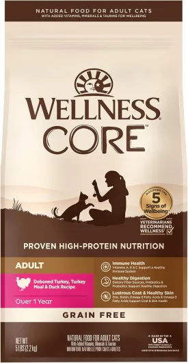 Wellness CORE Natural Grain-Free High Protein Adult Dry Cat Food Recipe, Turkey, Turkey Meal and Duck Formula, 5 Pound Bag