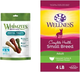 WHIMZEES by Wellness Small Breed Dental Treat   Food Bundle: Brushzees Small Breed, 24 count   Wellness Complete Health Small Breed Food For Dogs Up to 25 lbs, Turkey & Oatmeal, 4-Pound Trial Bag
